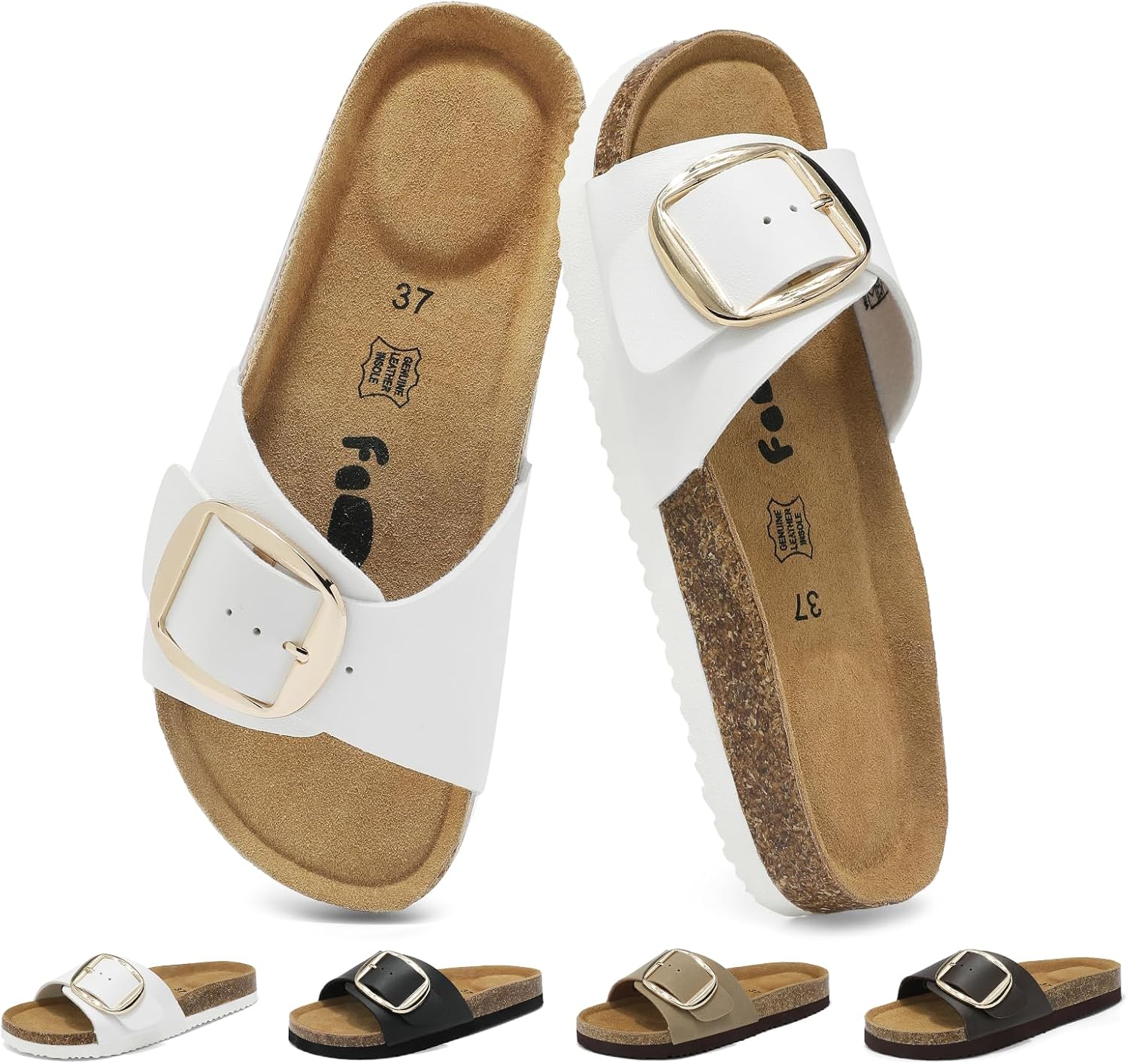 Detalle de Chetoria Sandales Femme en Cuir Véritable – Semelle Liège, Boucle Dorée, Confort Ergonomique