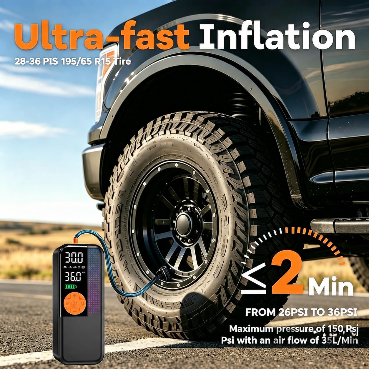 Thumbnail 1 de Motuim Cordless Car Tyre Inflator Air Compressor with 150 PSI, 6000mAh Battery and Auto Shut-Off