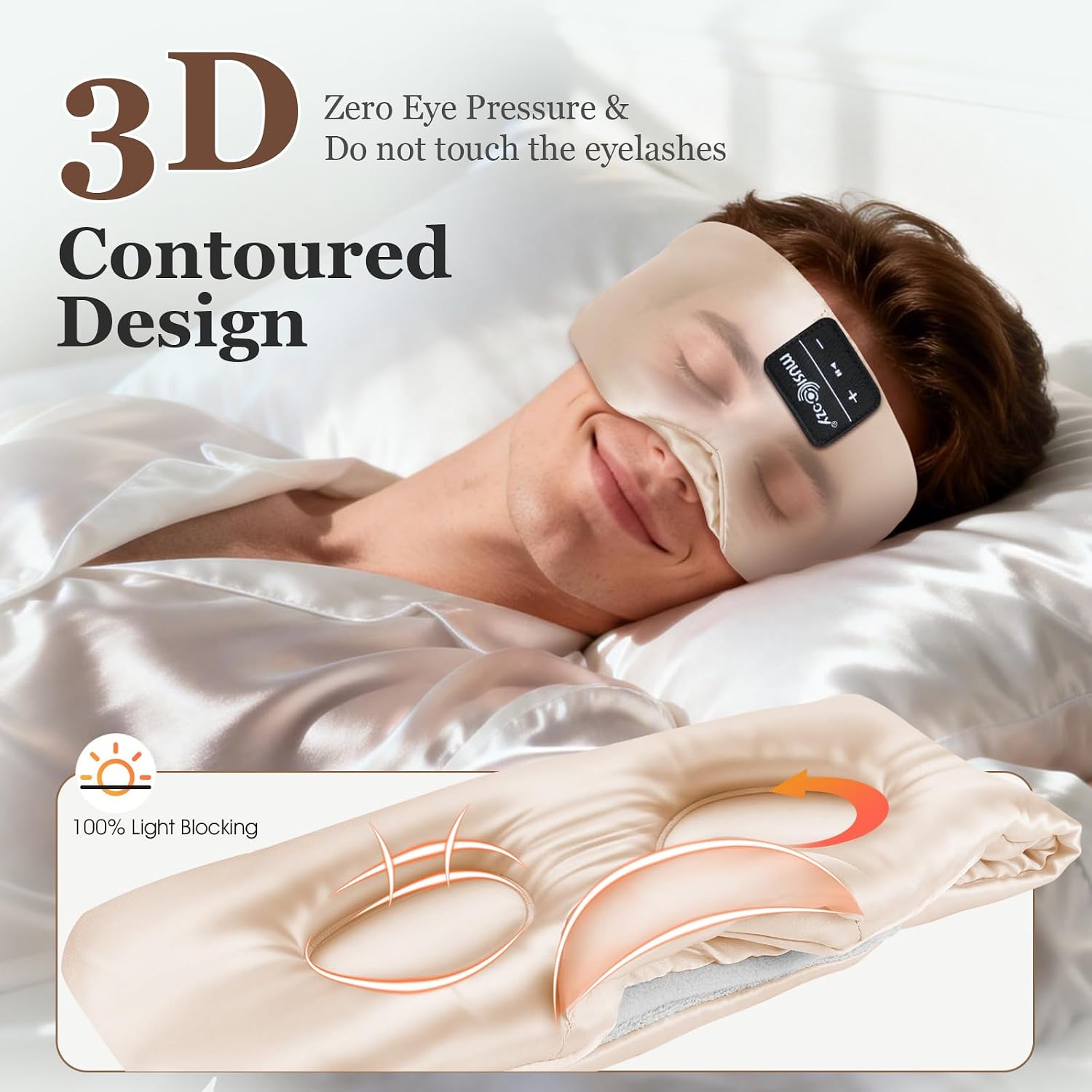 Detalle de MUSICOZY Sleep Mask Headphones with 3D silk design and Bluetooth 5.4 for side sleepers