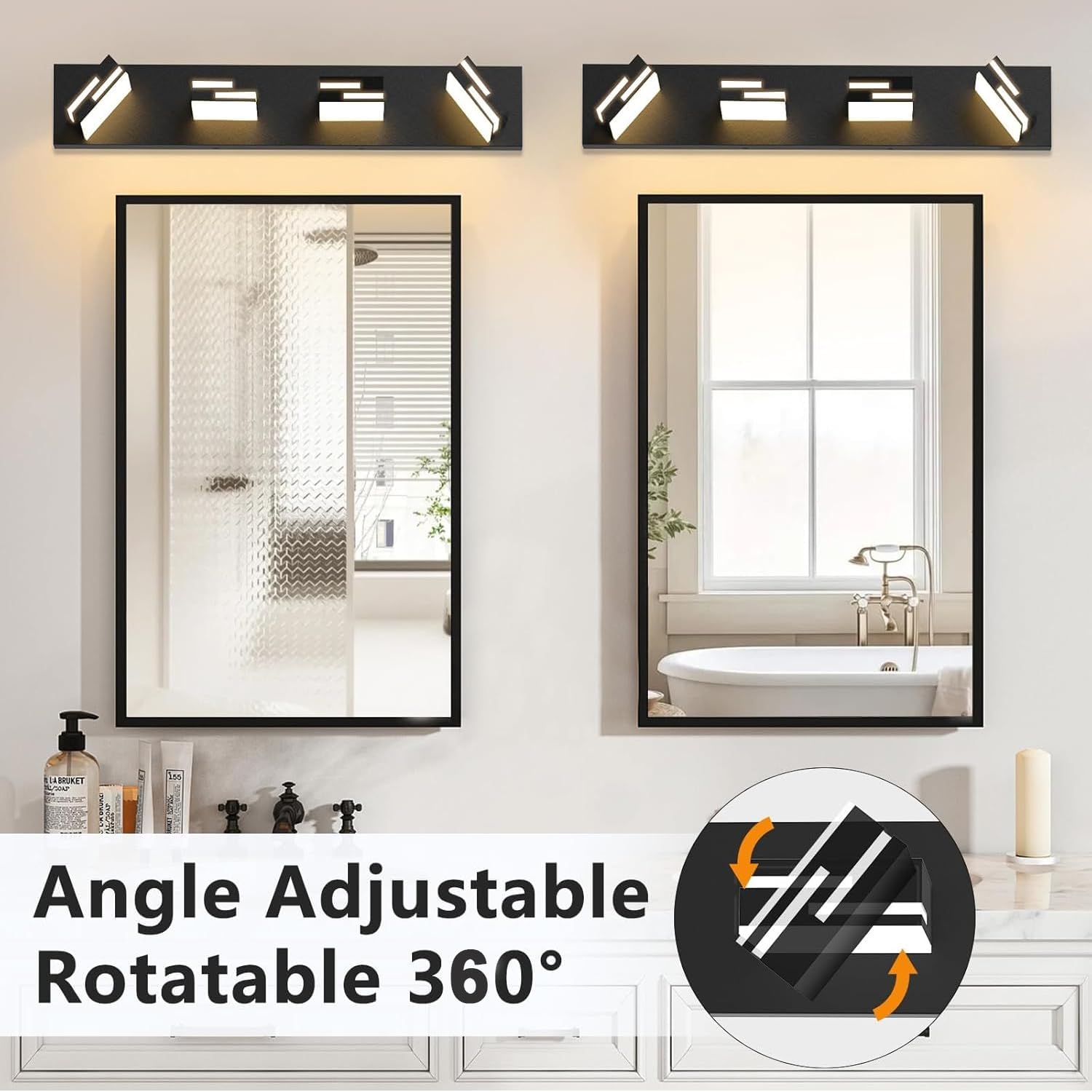 Detalle de LKHF 9553 4-Light LED Vanity Light, 5CCT, Matte Black, Swivel Acrylic Heads