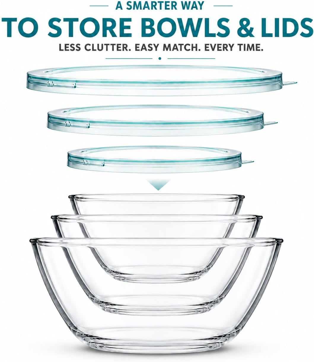 Thumbnail 4 de Luvan Glass Mixing Bowls with Lids Set (4.5QT, 2.7QT, 1.1QT) – Nesting Glass Bowls for Kitchen Tasks