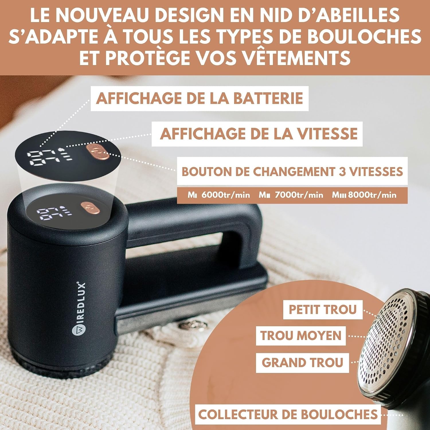 Detalle de WiredLux FS-9955A pluizenscheerapparaat met 3 snelheden en USB-C