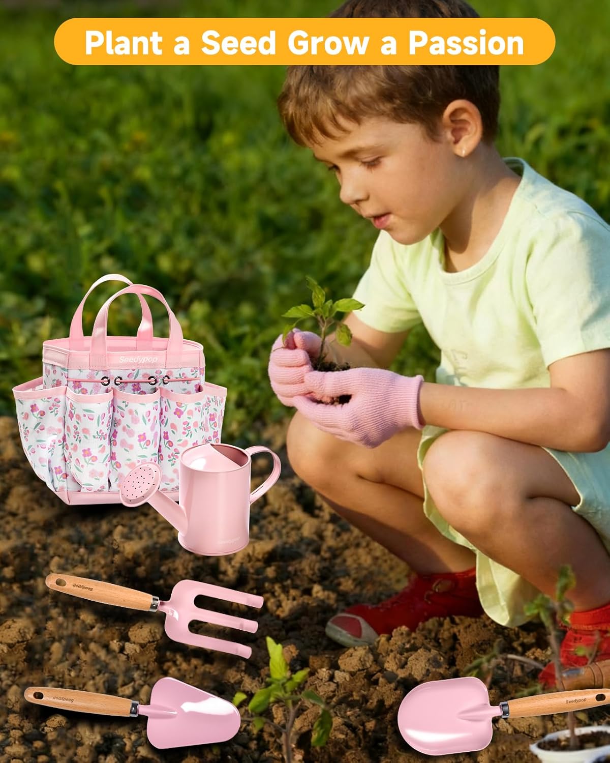 Detalle de Seedypop Kids Gardening Tool Set Toys – 8-Piece Garden Kit with Real Wood Tools, Hat, Apron, Gloves & Storage Bag (Pink Flower)