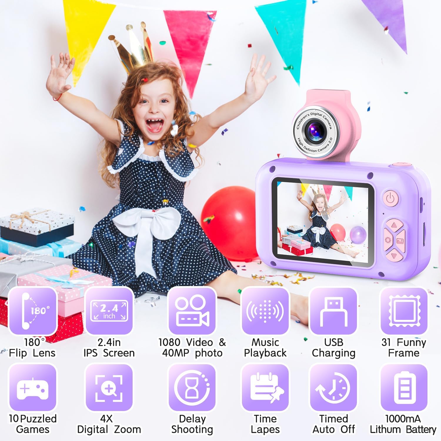 Thumbnail 1 de ARNSSIEN X101 Kids Digital Camera Toy with 180° Flip Lens and 2.4in IPS Screen (32GB TF card included)