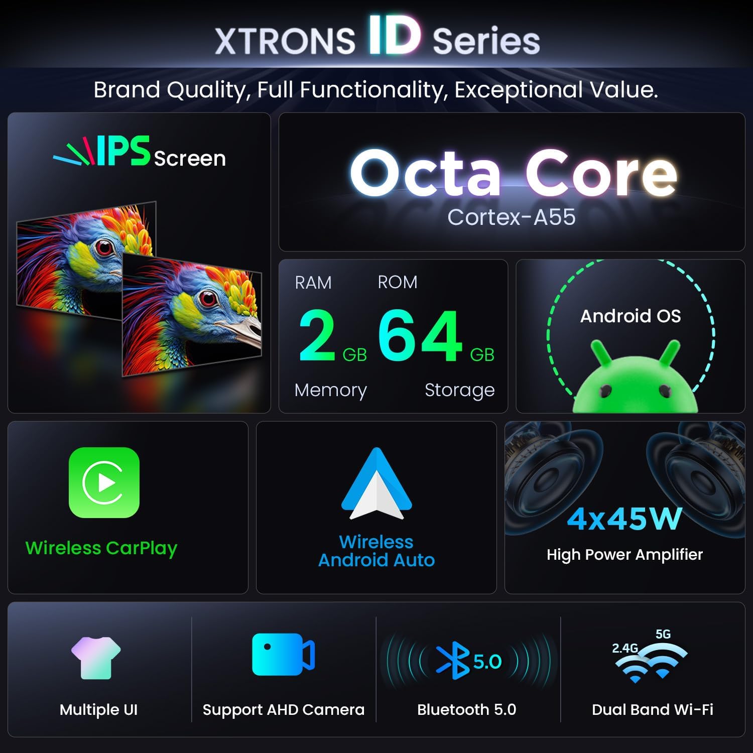 Detalle de XTRONS Double Din 2+64GB Android car stereo with Bluetooth, EQ DSP and optional DAB+