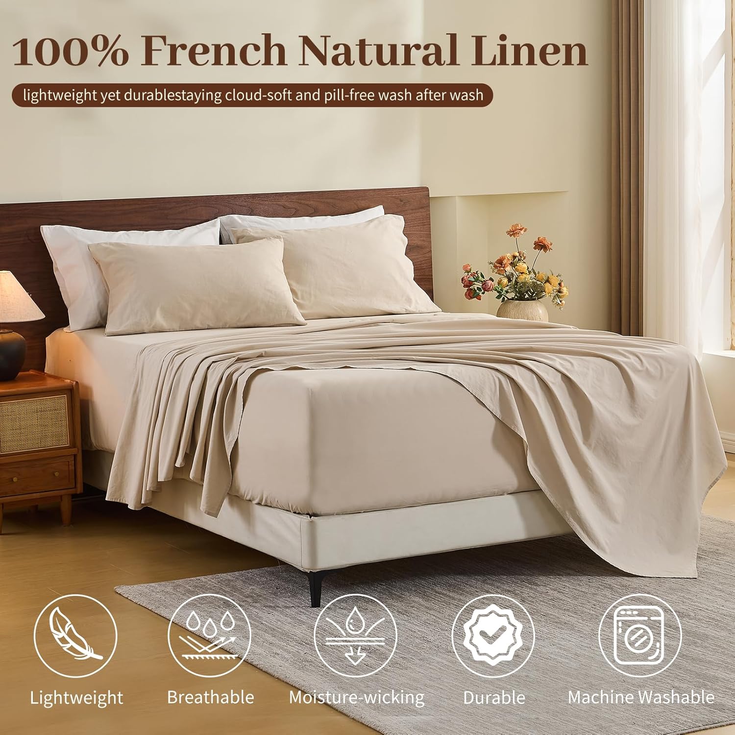 Thumbnail 1 de MEISHANG 100% French Linen Sheets – Queen, Extra Deep Pocket, All-Season Soft Durable Flax Linen
