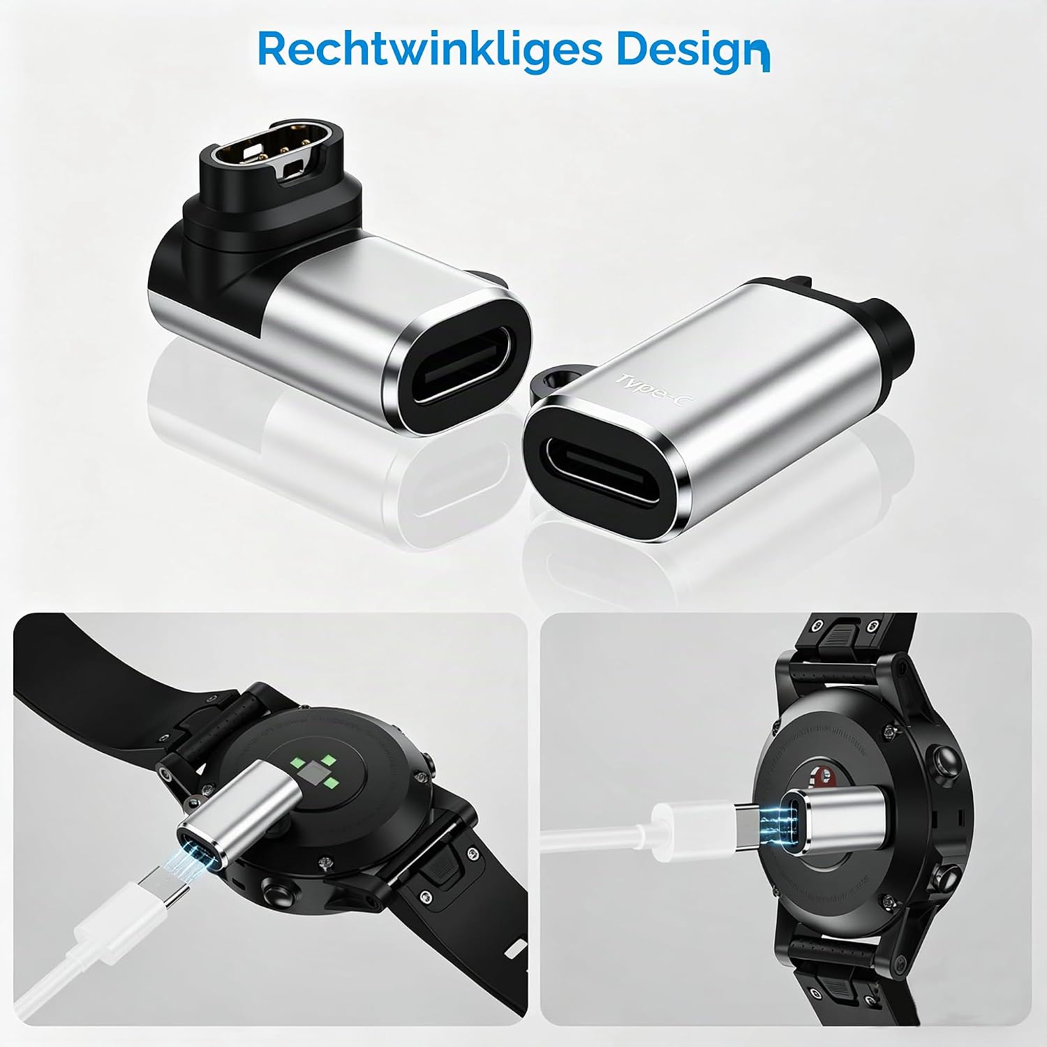 Detalle 2 de USB-C zu Garmin Watch Ladekabel Adapter – 4 Stück, Winkel- und Geradenanschluss