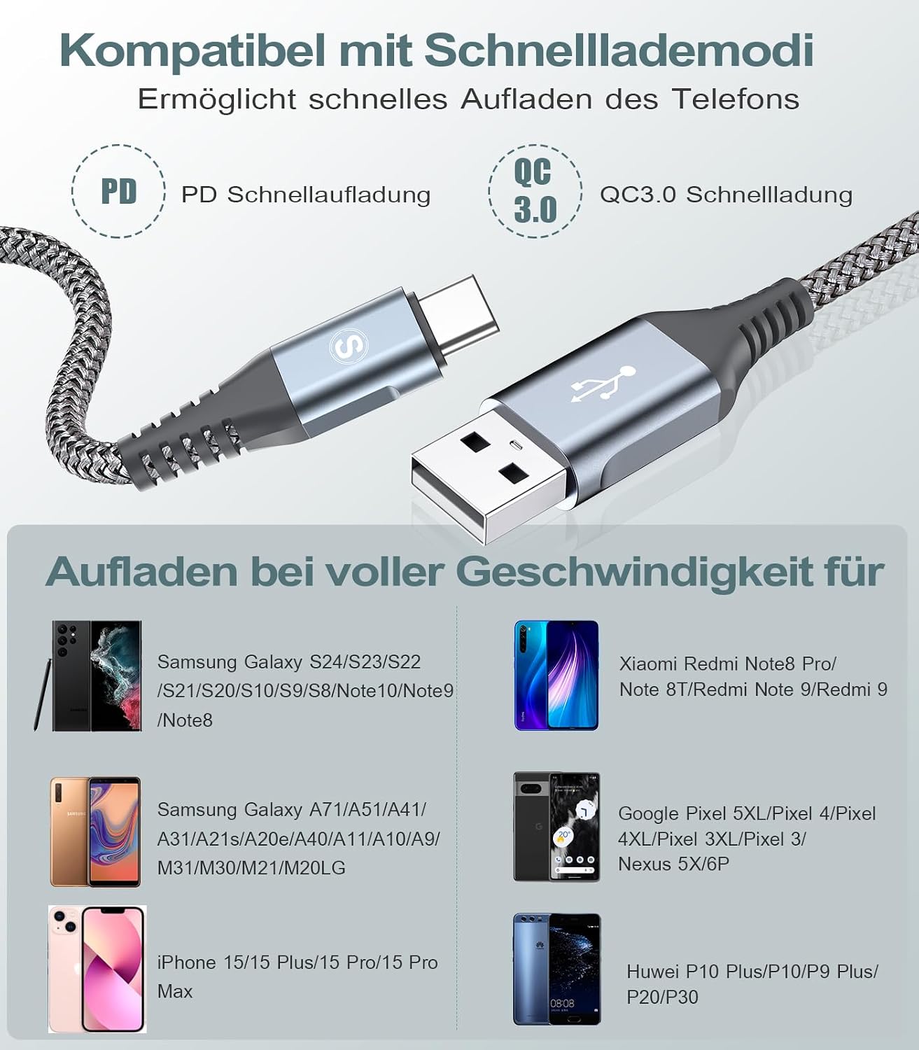 Thumbnail 6 de 2Stück USB-C Kabel 3.1A Schnellladung – Nylon USB-C Ladekabel, langlebig & QC3.0-kompatibel