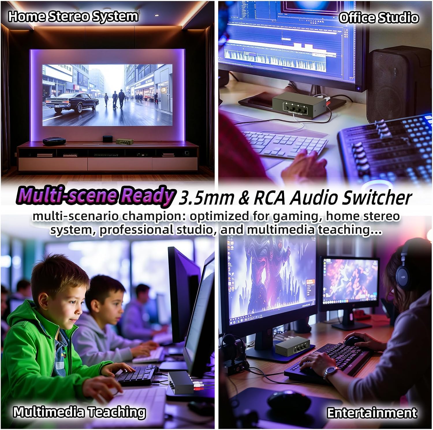 Detalle de 4-Way RCA L/R & 3.5mm Stereo Audio Switcher – Bi-Directional Passive 4x1/1x4 Audio Switch (No Power, 4 Buttons)