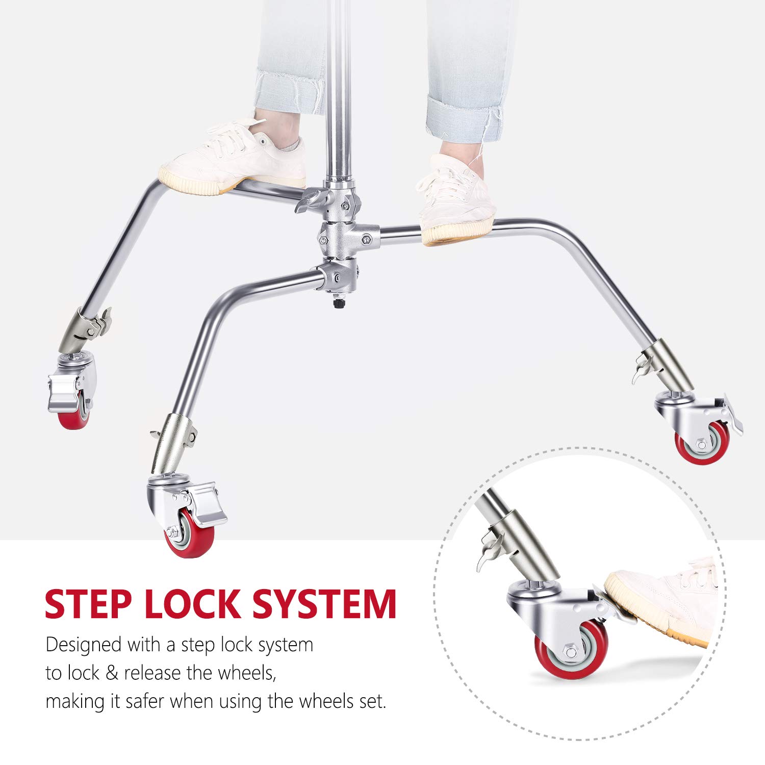 Detalle de NEEWER 3er Pack professionelle Lenkrollen (75 mm) für C-Fotostative – Metall, Gummibasis, 360° drehbar (silber)