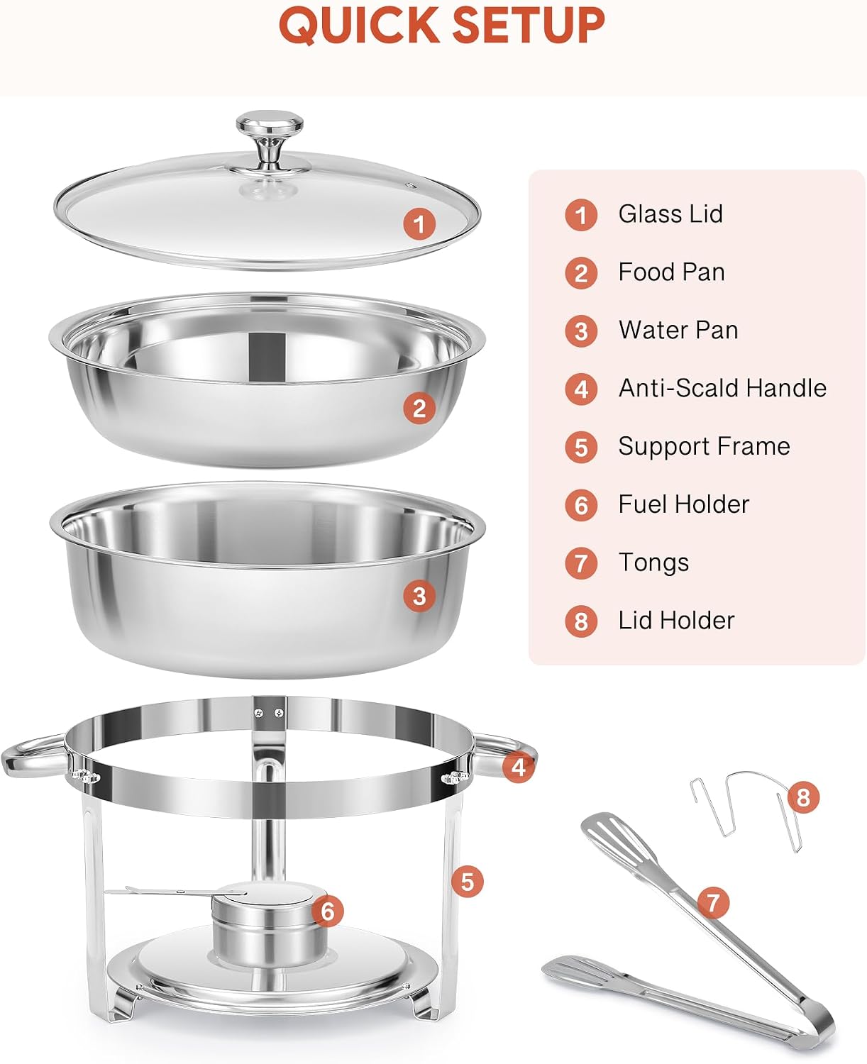 Thumbnail 4 de WILPREP Chafing Dish Buffet Set, 4 Pack 5.5L Round Chafers with Glass Lid & Lid Holder – Stainless Steel Food Warmers