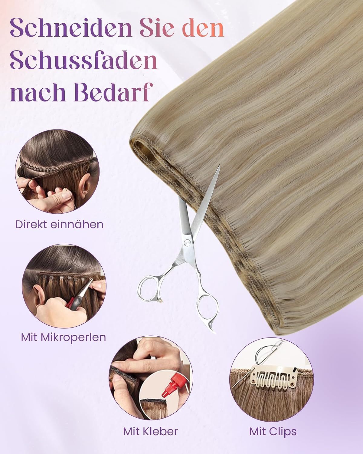 Detalle 2 de LaaVoo Echthaar Tressen zum Einnähen Blond – Goldblond Highlight, 50 cm, 100 g, Remy Haar