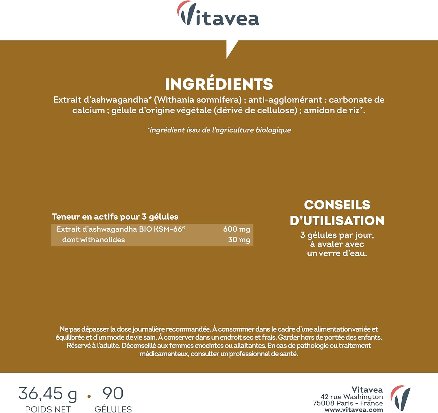 Thumbnail 6 de Vitavea Ashwagandha BIO KSM-66® breveté 90 gélules vegan (5% withanolides, 600 mg)