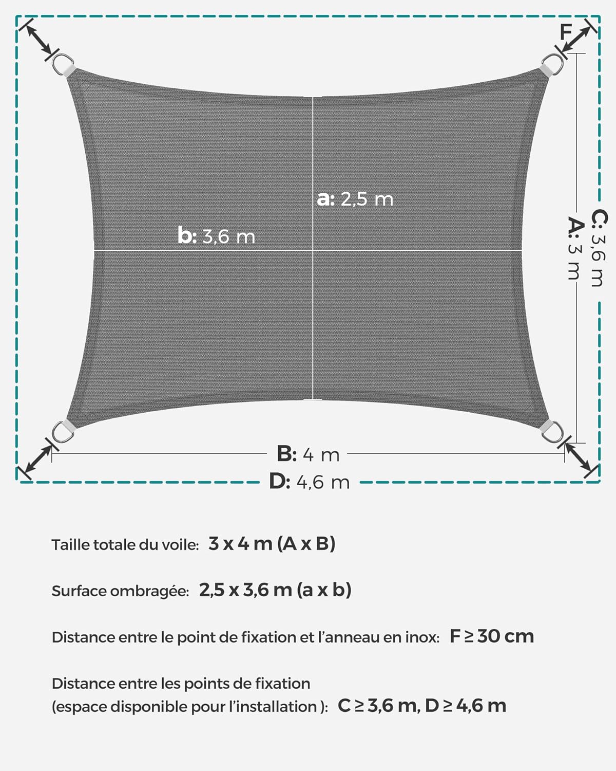 Thumbnail 4 de SONGMICS Voile d’Ombrage 3 x 4 m GSS34GY – protection solaire légère et durable pour terrasse