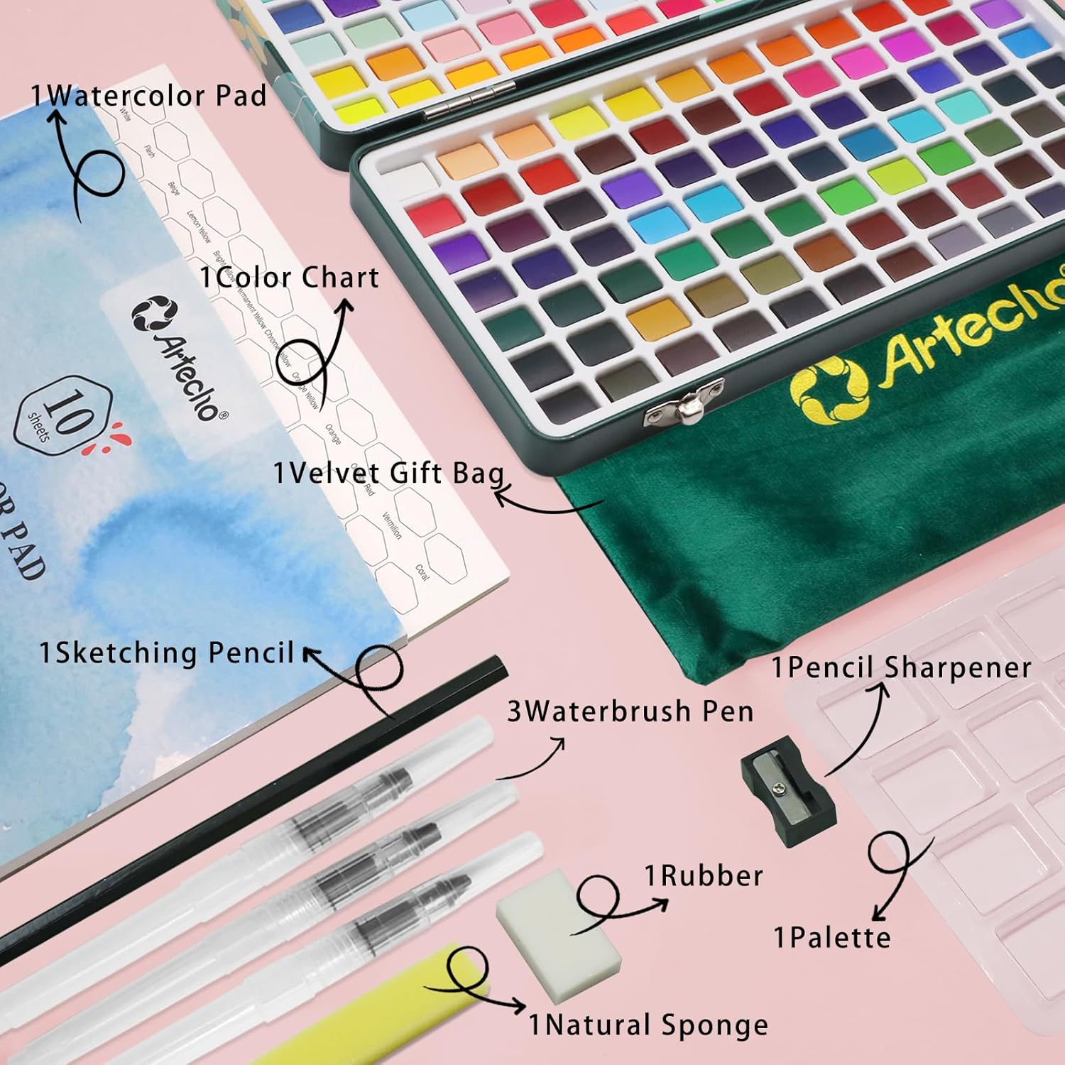 Thumbnail 2 de Artecho Aquarellfarben Set 168 Farben in Tragbarer Box – Reisefreundliches Aquarellset mit Pinsel, Papier und Zubehör