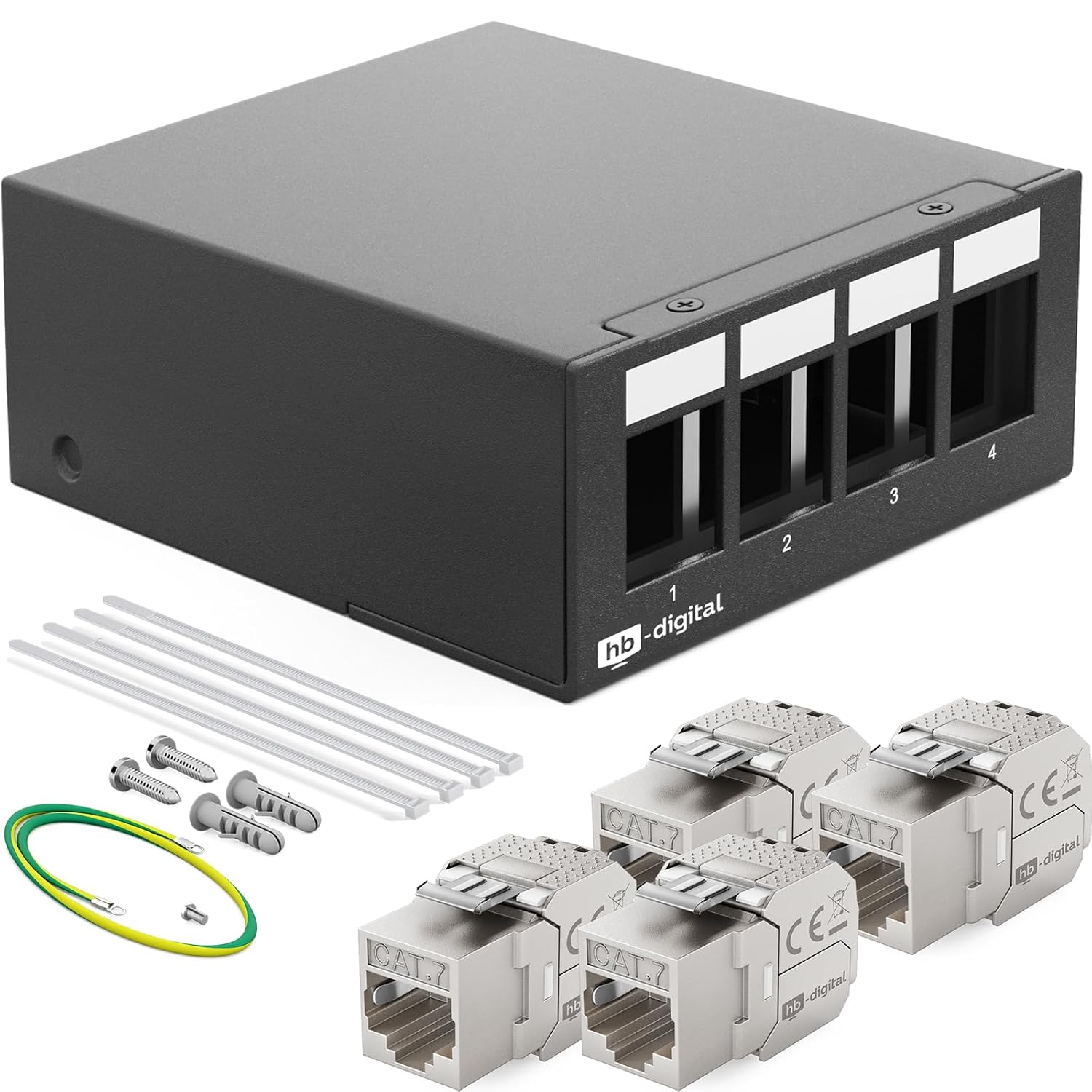 Detalle de HB-DIGITAL 4-Port Patchpanel – 1 HE, CAT7 STP, 4x RJ45 Keystone, vollgeschirmt