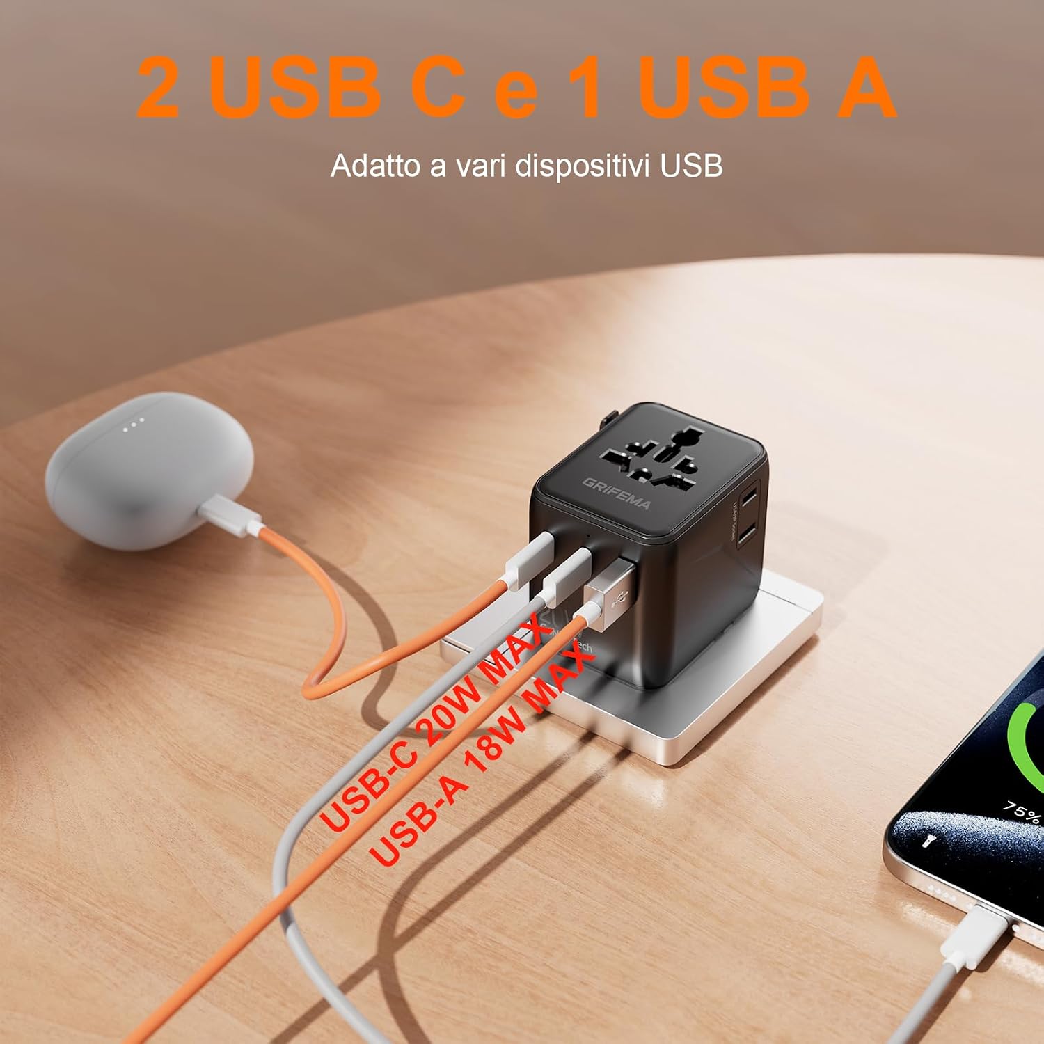 Detalle de GRIFEMA Adattatore universale da viaggio 5 in 1 20W PD: 2 USB‑C, 1 USB‑A e 2 prese AC