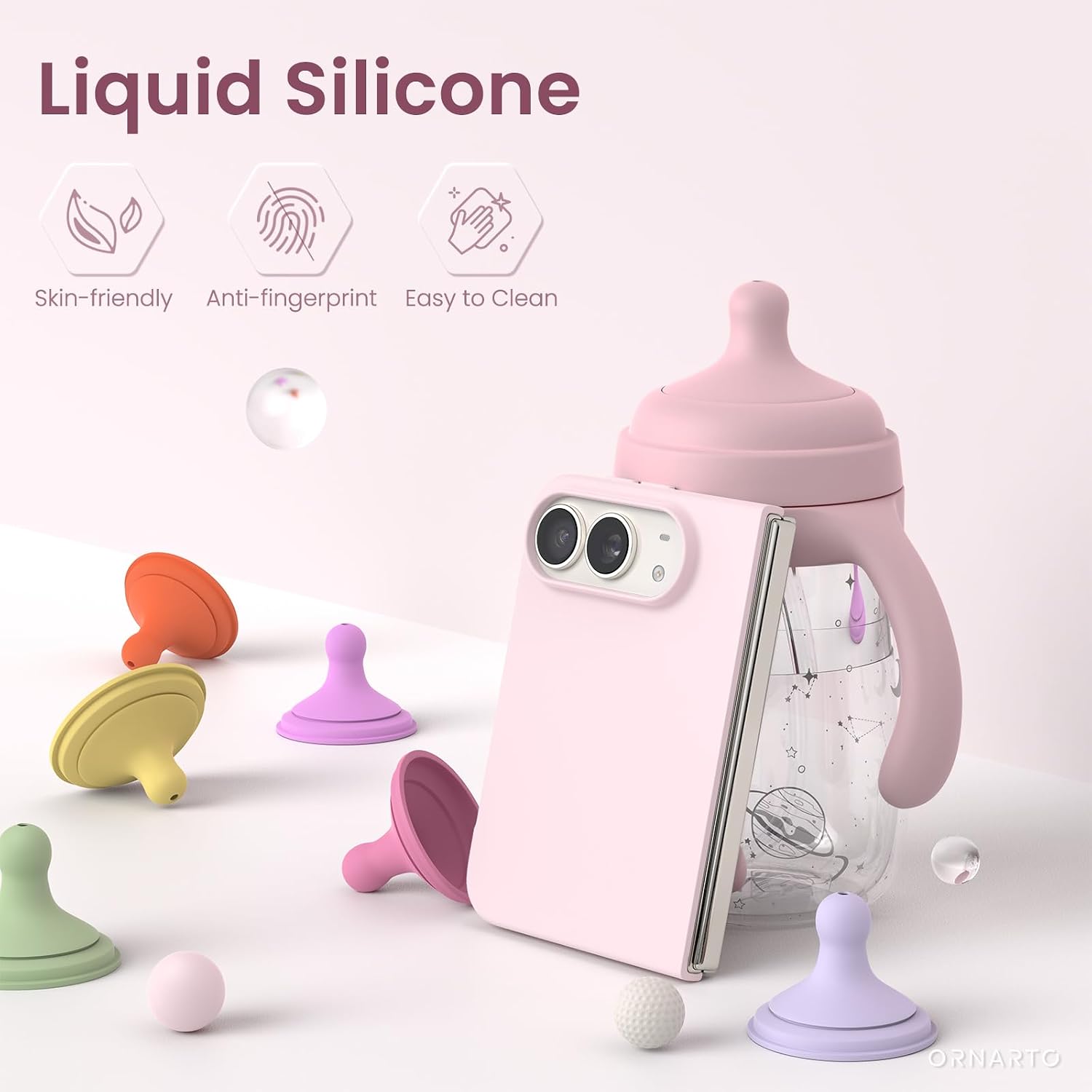 Detalle 2 de ORNARTO iPhone Duo Case, Chalk Pink Liquid Silicone with Magnetic Design