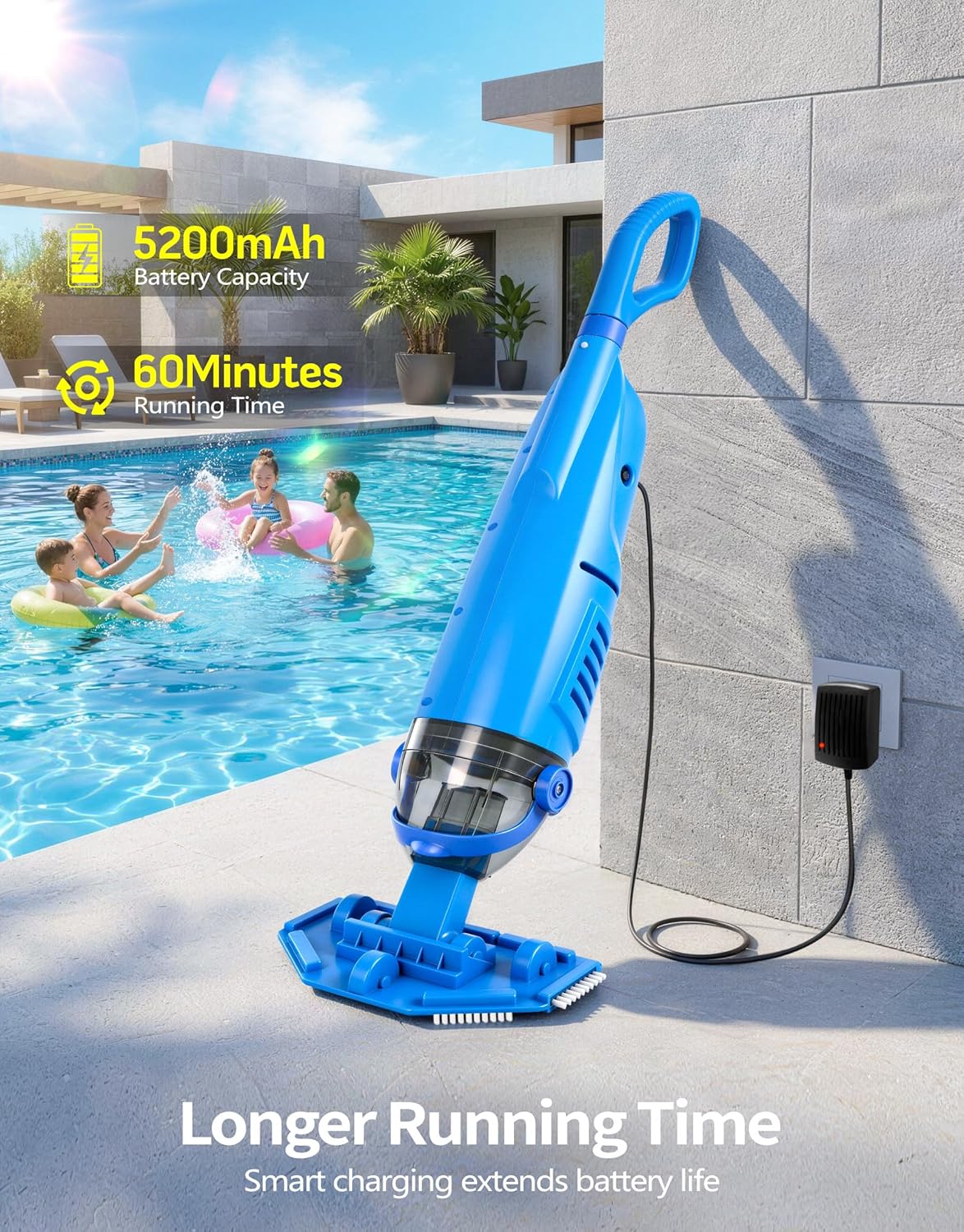 Detalle de LanBlu Poolsauger Akku mit Doppelbürstenkopf – Bodensauger mit Teleskopstange bis 250 cm