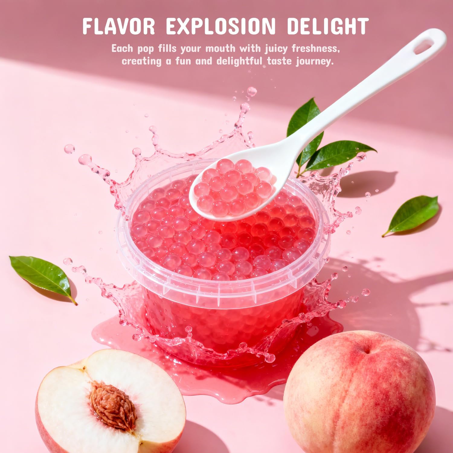 Detalle de Soeos Peach Popping Boba, 550 g, Juice-Filled Pearls for Drinks and Desserts