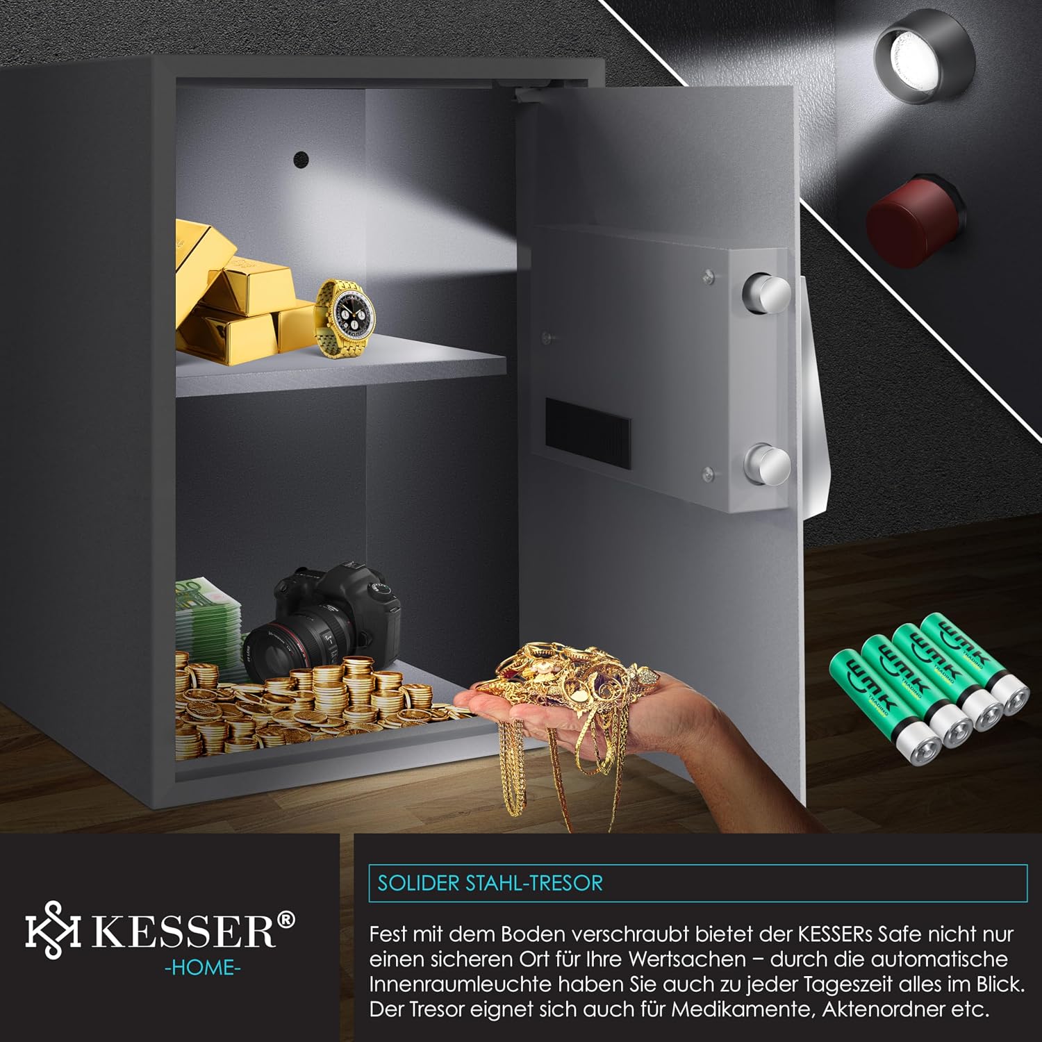 Detalle de KESSER Elektrischer Tresor 50x35x34,5 cm – LED-Anzeige, Doppelbolzenverriegelung, Wand- oder Möbeltresor