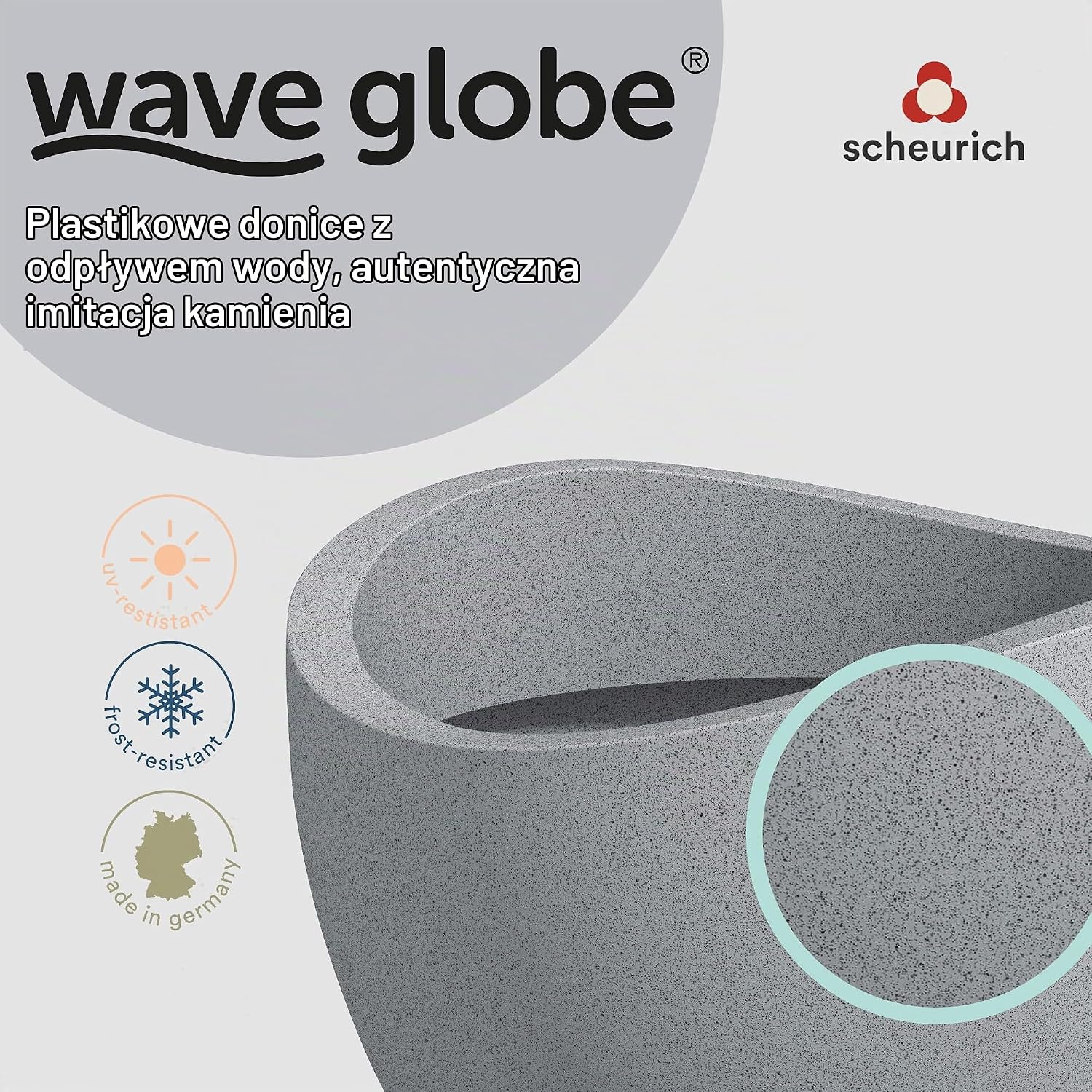 Detalle de Scheurich Wave Globe 40 – okrągła donica z tworzywa z recyklingu, szara