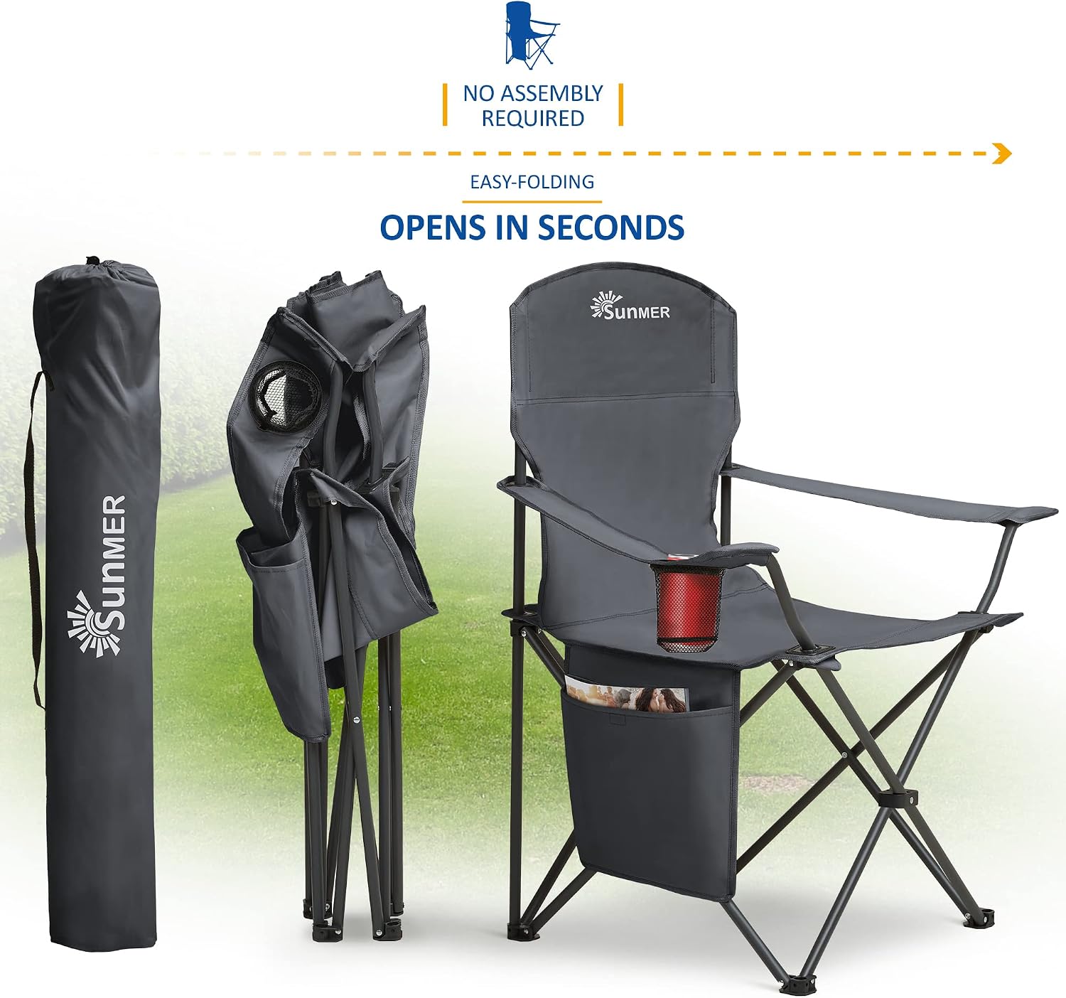 Thumbnail 5 de SUNMER Folding Camping Chairs (Set of 2) – Extra-Wide Lightweight Outdoor Chairs with Armrests, Cup Holder & Side Pocket – Dark Grey