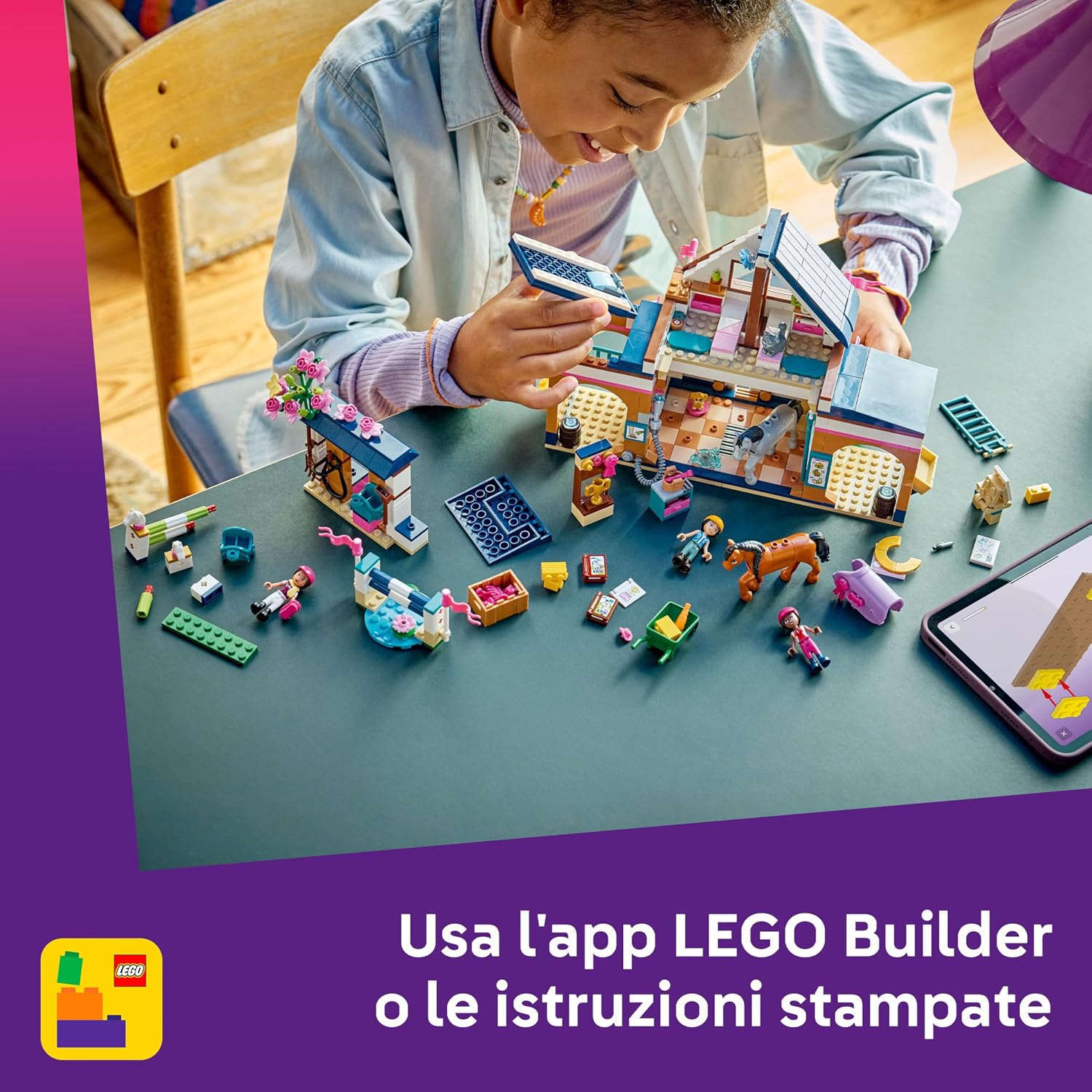 Detalle de LEGO Friends Scuderia e Accademia di Equitazione 42688 – Set didattico con cavalli, animali e mini bamboline