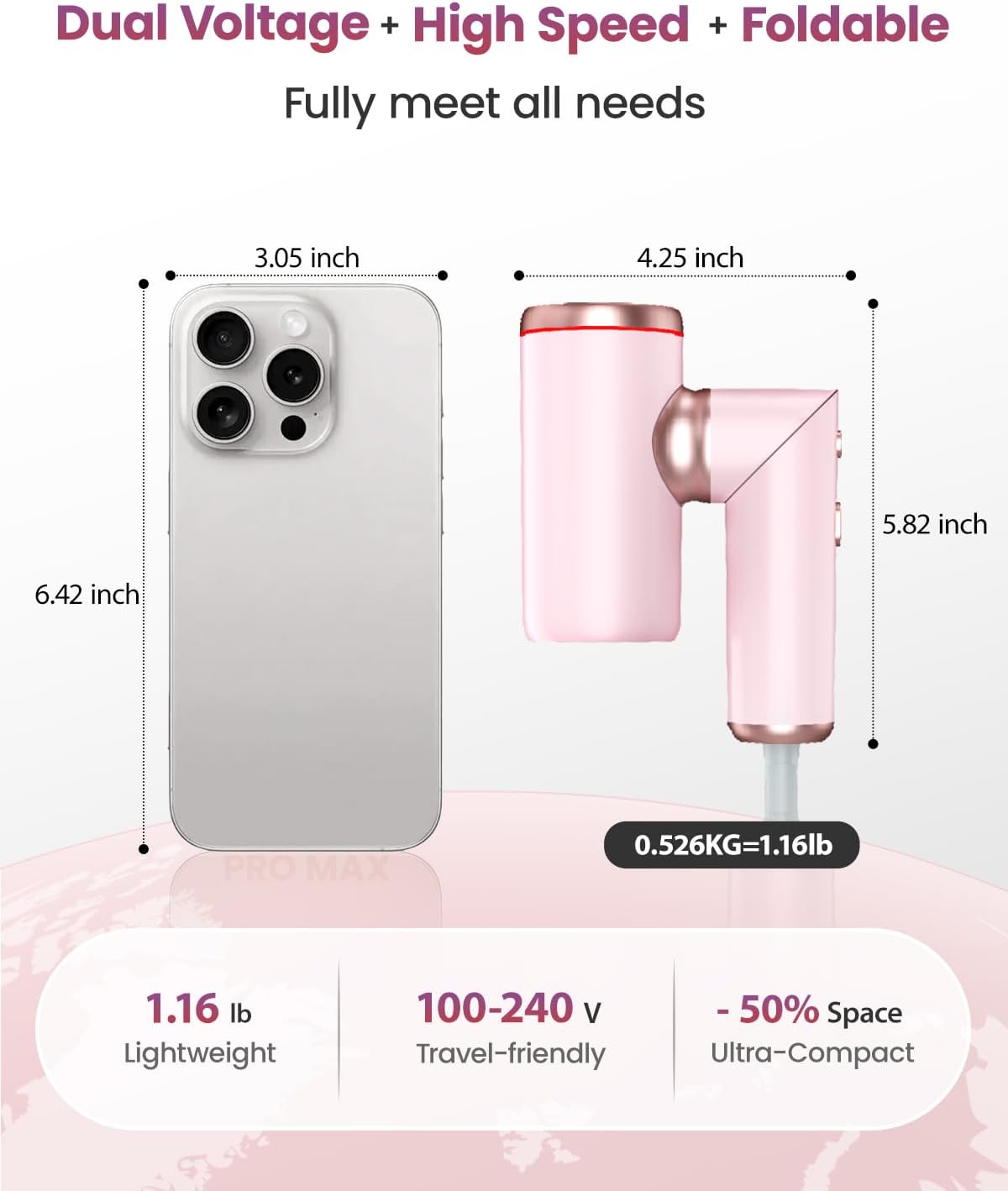 Detalle de Travel Hairdryer Dual Voltage-Foldable Hair Dryer Mini with Magnetic Diffuser — 1300W, 100-240V, Portable Ionic Pink
