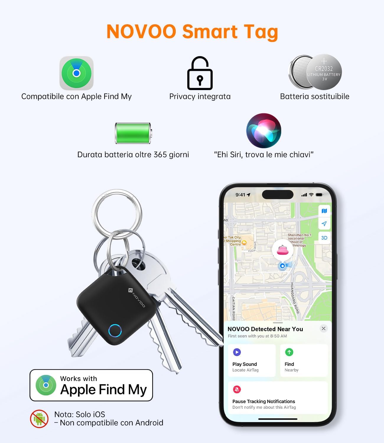 Detalle de NOVOO Smart Tag con Apple Find My (Solo iOS) – 4 pezzi, allarme 80 dB, batteria sostituibile CR2032