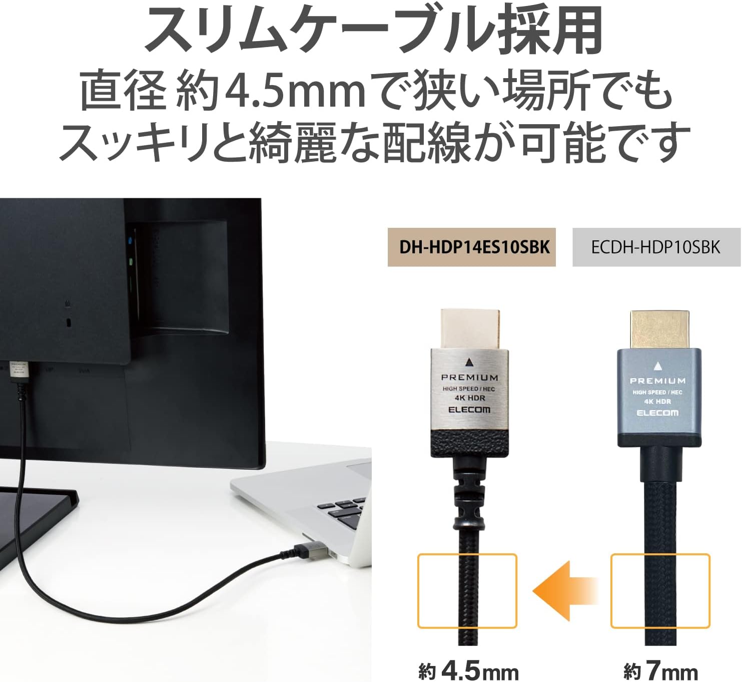 Detalle de エレコム DH-HDP14ES20SBK HDMIケーブル 2m 4K/60P・18Gbps対応 スリムナイロンメッシュ