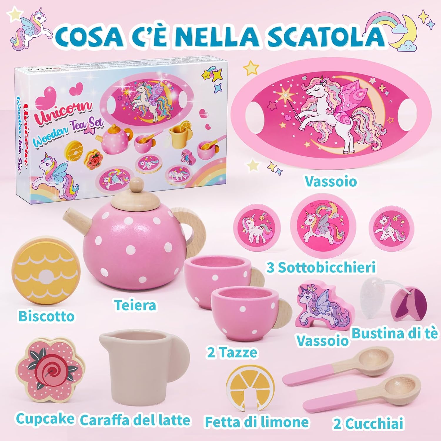 Detalle 2 de Set da Tè Unicorno in Legno 13 pezzi 🧁