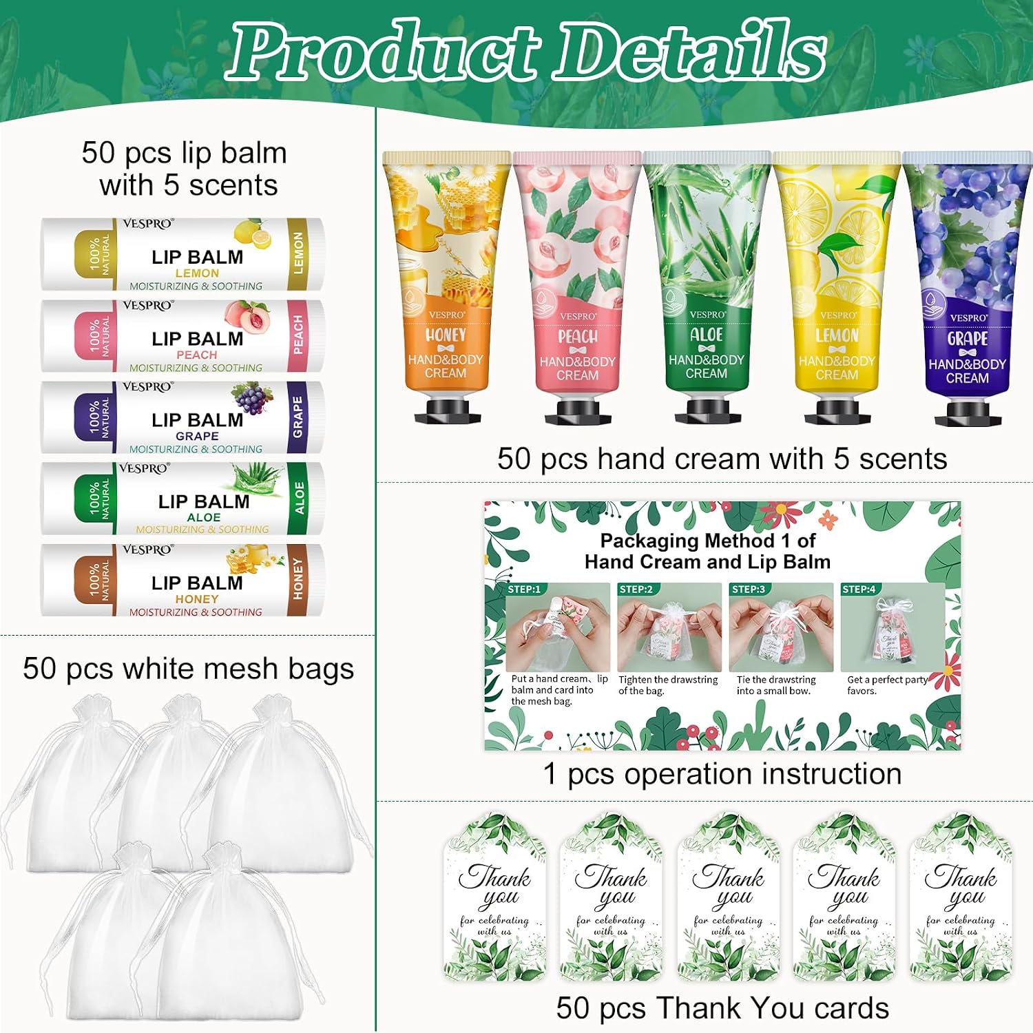 Detalle de 50 Sets Bulk Hand Cream and Bulk Lip Balm Gift Favors (Organza Bags + Thank Cards) for Easter, Mother’s Day & Weddings