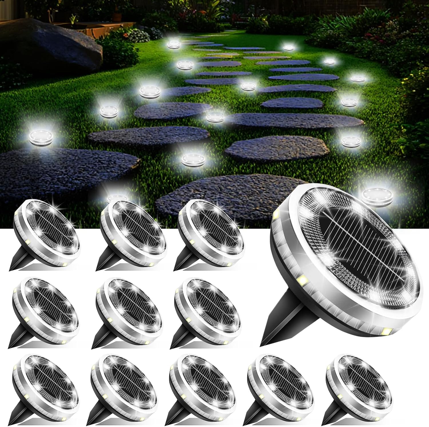 Detalle de Bzavor 12er IP65 Solar Bodenleuchten – 8 Ober- und 4 Seiten-LEDs für Gartenwege