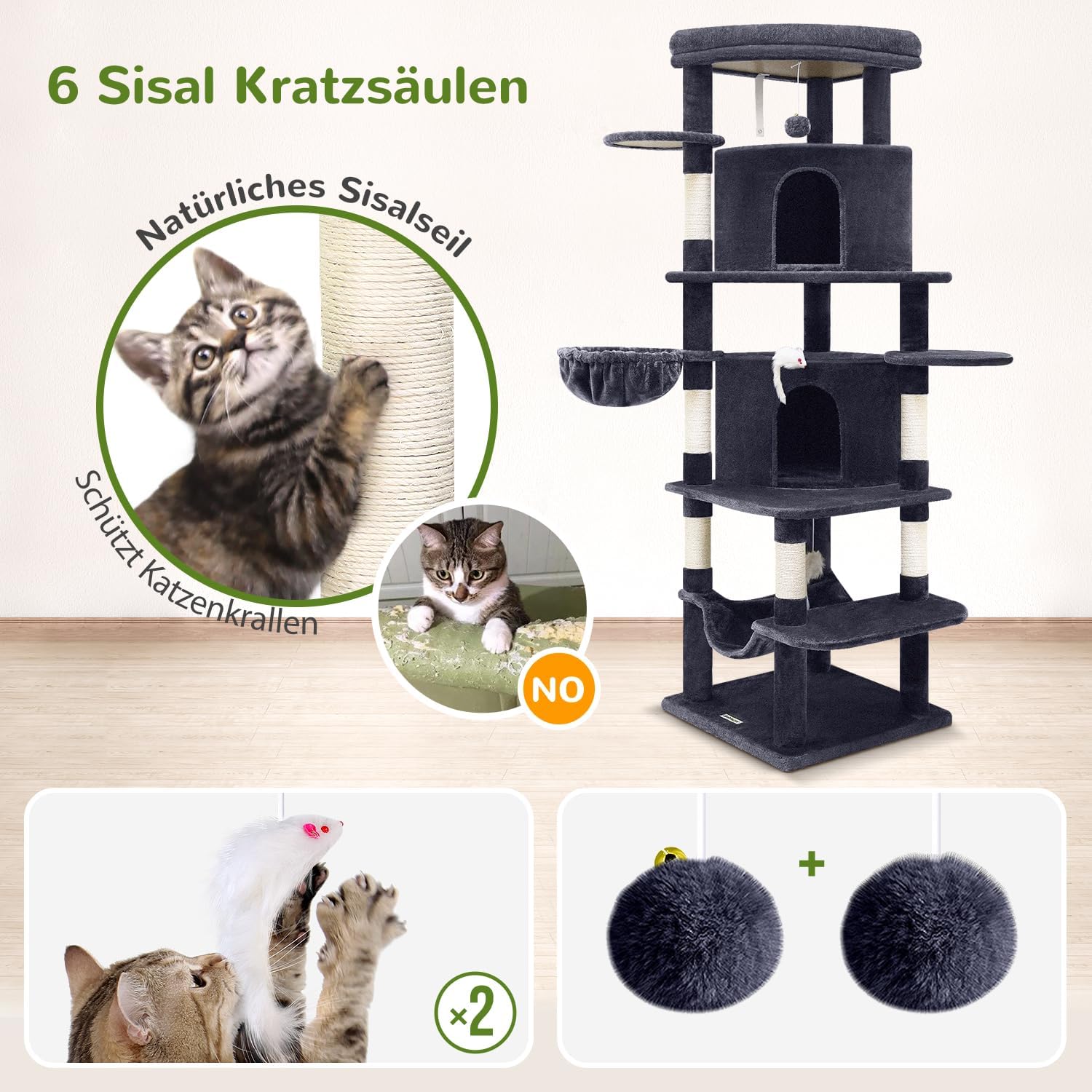 Detalle 2 de Globlazer Kratzbaum für Katzen als Eckkratzbaum (167 cm) mit 2 Katzenhäusern, Hängematte & gepolsterter Plattform, Dunkelgrau