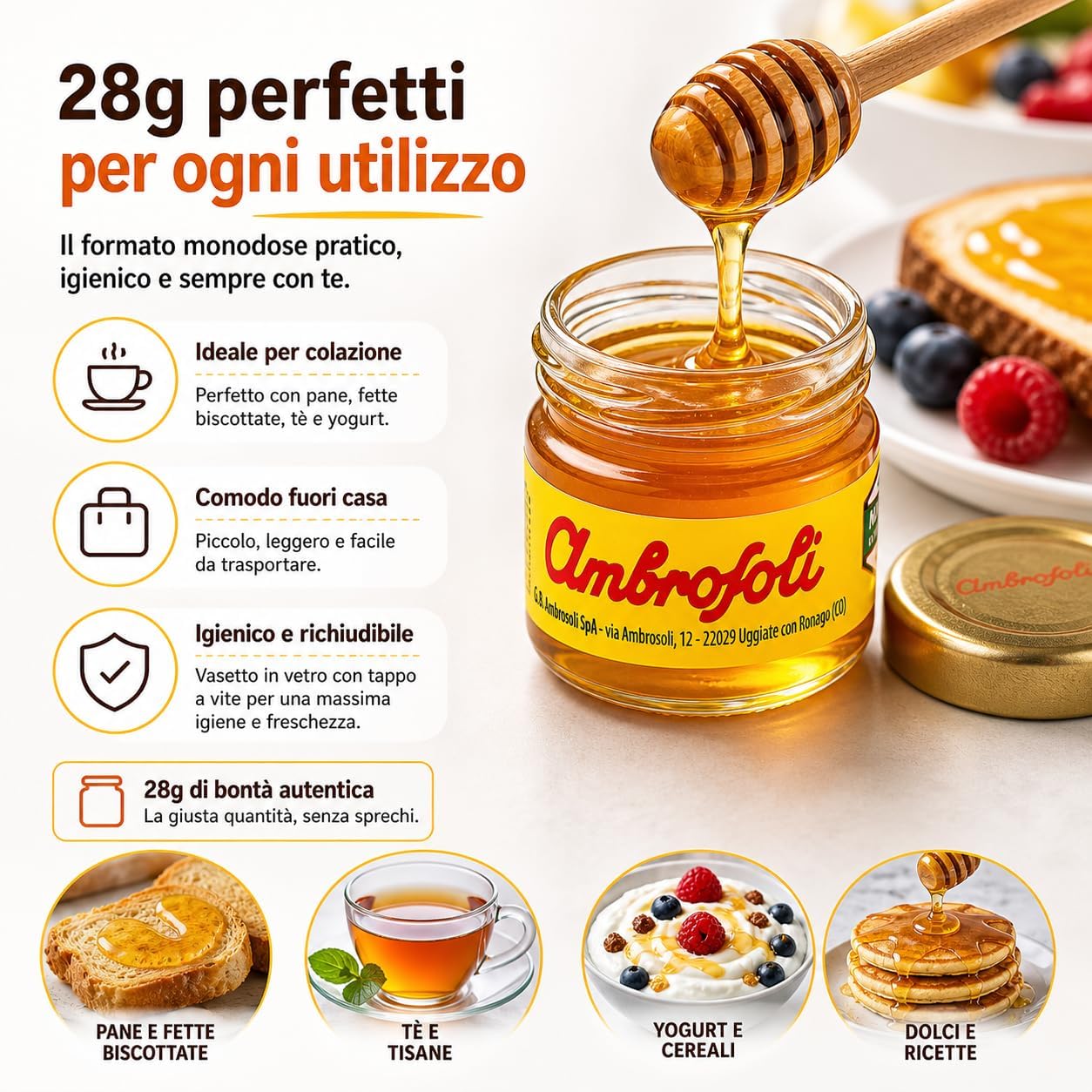 Detalle de Ambrosoli 48 Porzioni Miele di Fiori 28g – Miele Monodose Pratico per Casa, Ufficio e Colazione