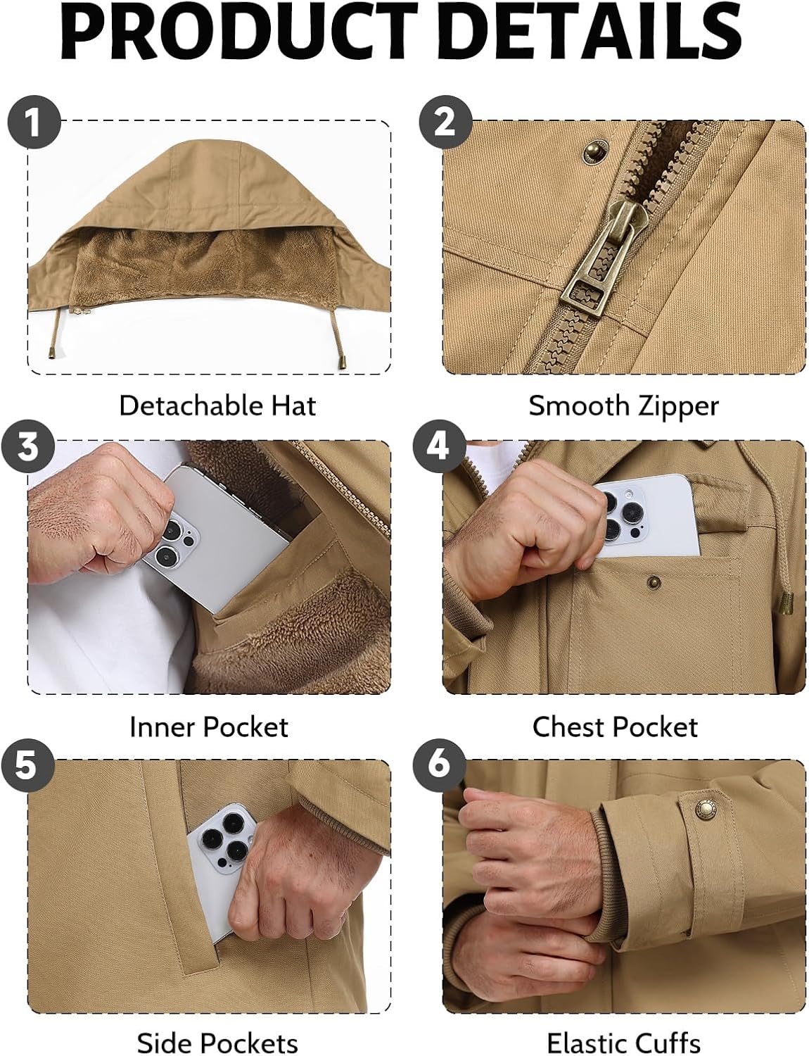 Detalle 2 de Xnova Men's Winter Parka Jacket with Fleece Lining and Removable Hood