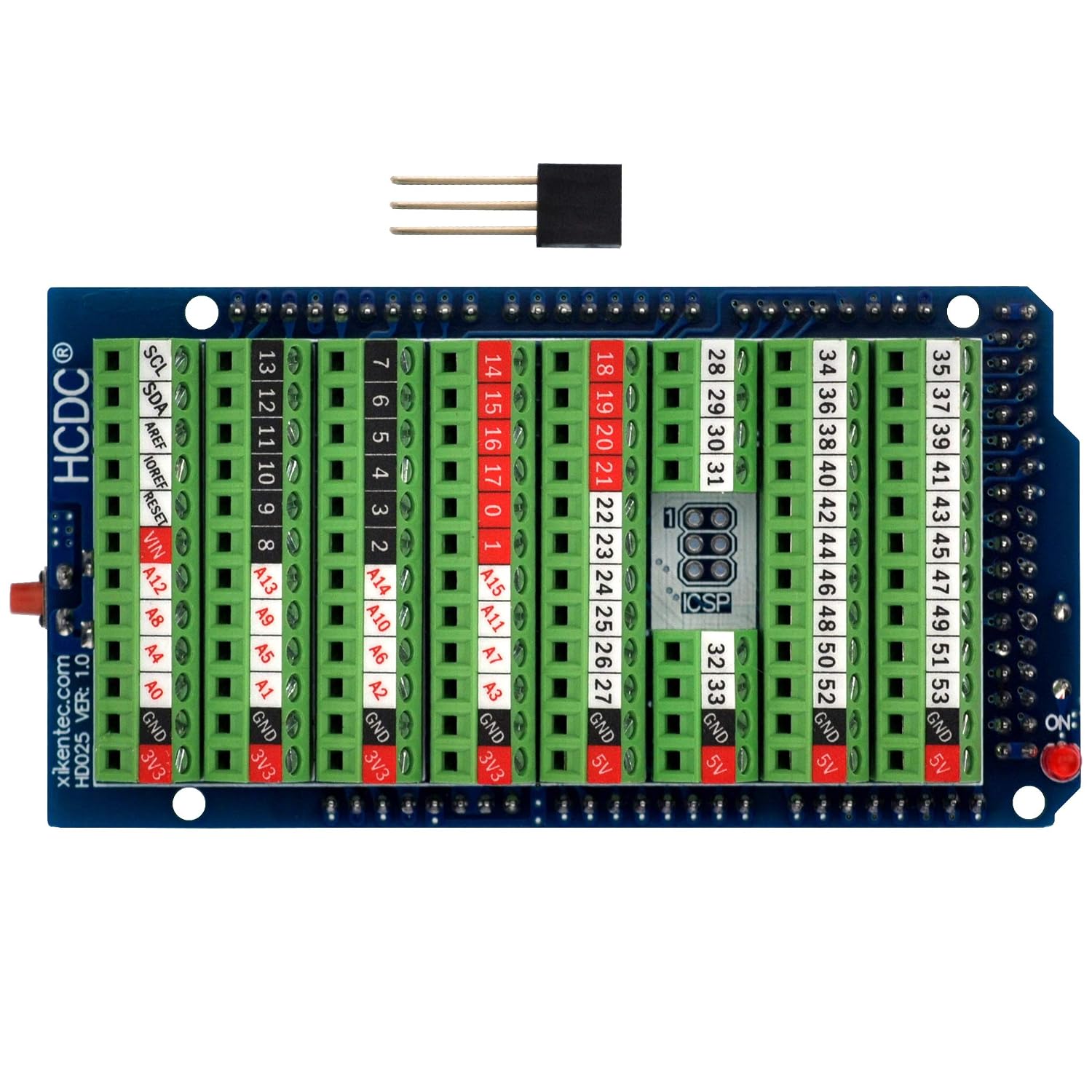 Detalle de HCDC HD025 Arduino MEGA-2560 R3用ねじ端子台ブレークアウトシールド、3.5mmピッチ・電源LED付き