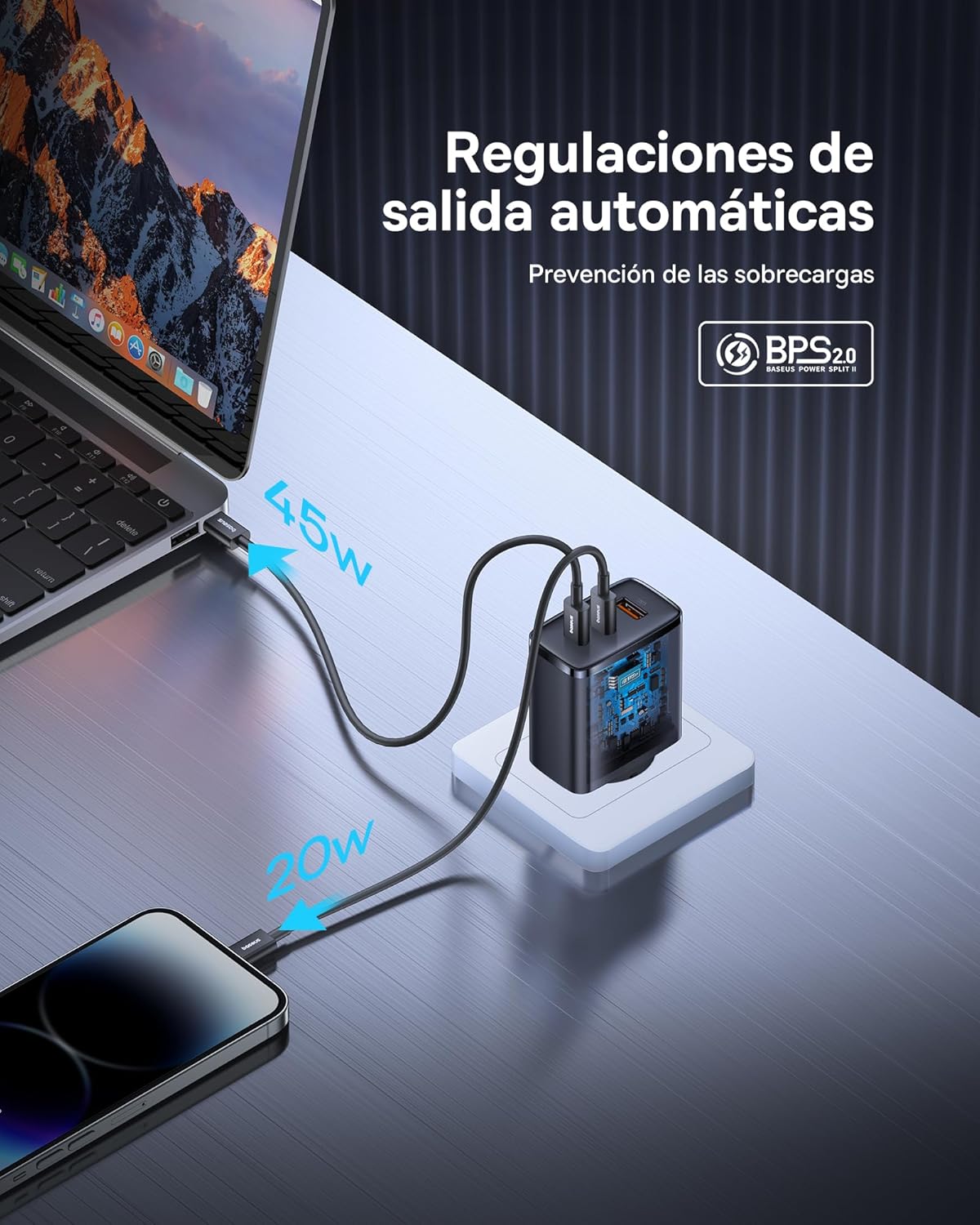 Thumbnail 5 de Baseus - Cargador USB C 65W, 3 Puertos, Rápido ⚡