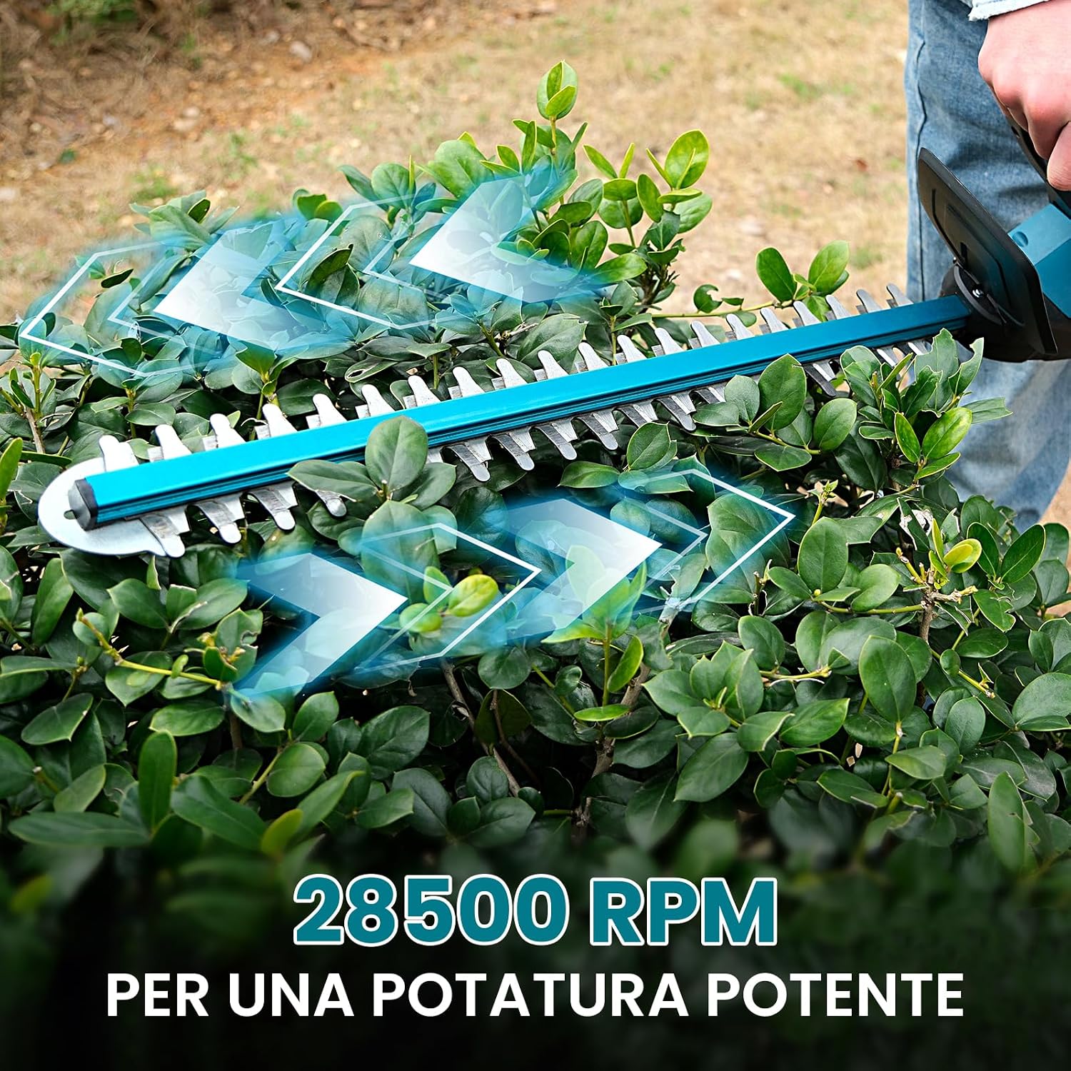 Detalle de Tagliasiepi a batteria con 2x 4000mAh – potenza brushless 600W, lama 52 cm, kit completo