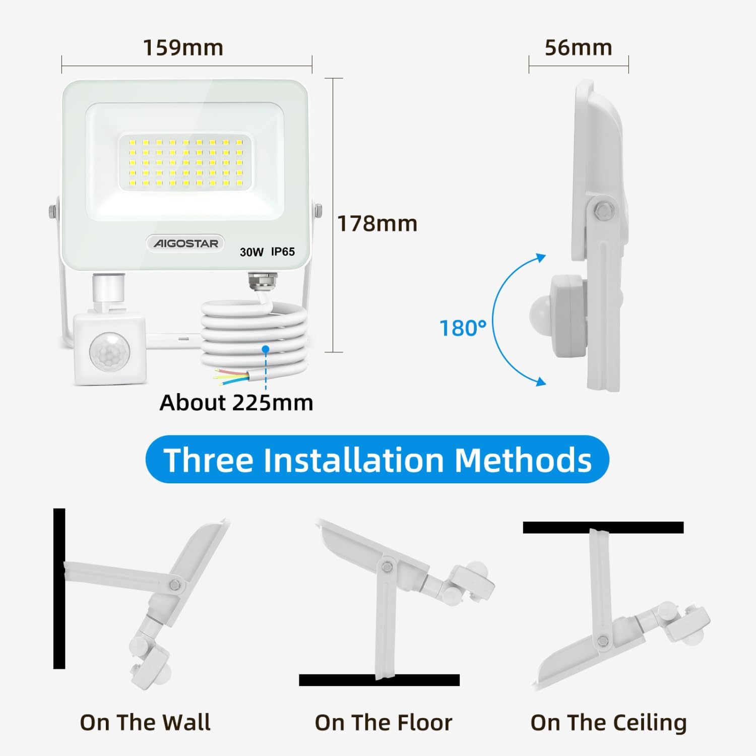 Thumbnail 5 de Aigostar faretto LED da esterno 30W con sensore di movimento PIR (2 pezzi) IP65, bianco freddo 6500K