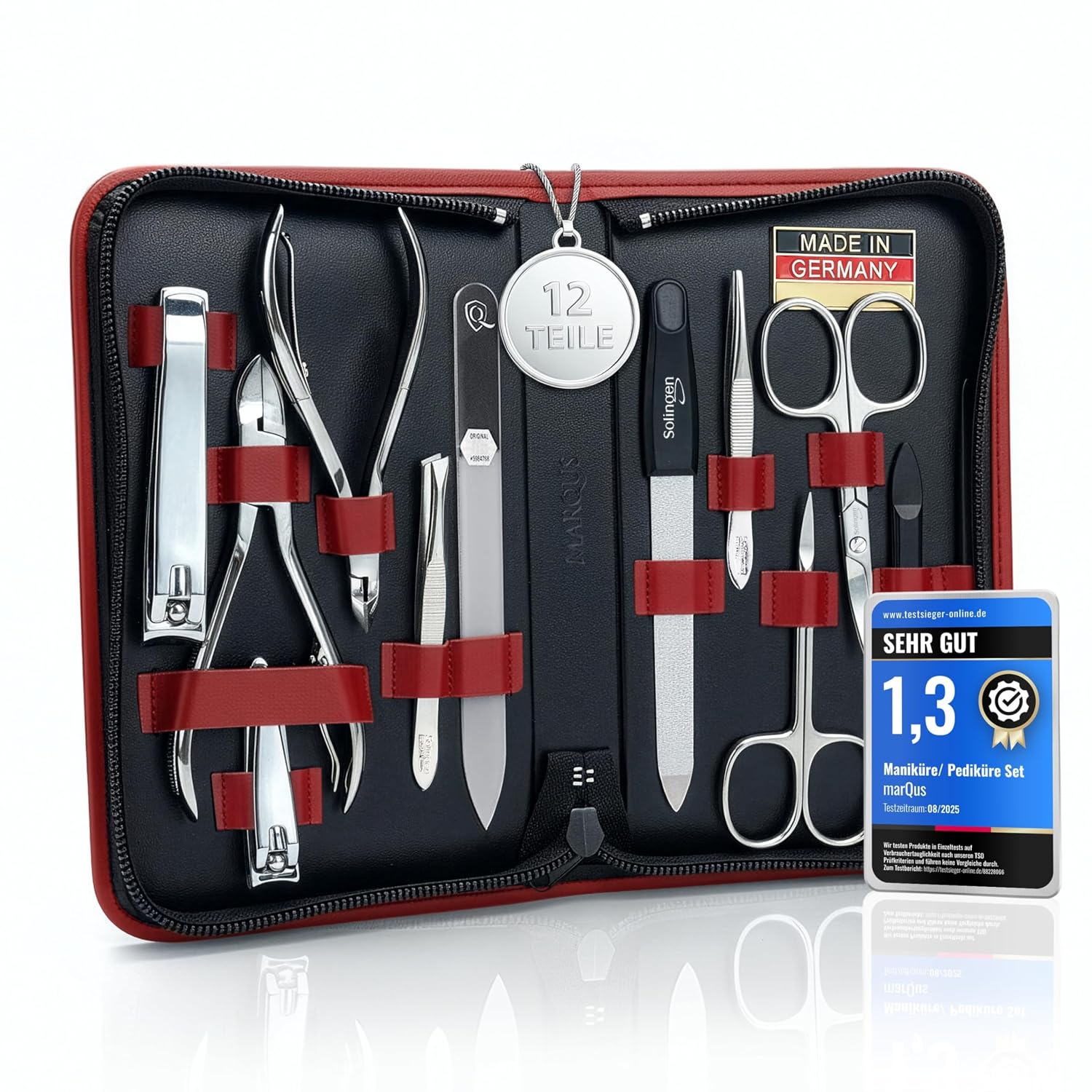 Detalle de marQus Solingen Maniküre & Pediküre Set im Echtleder-Etui – 12-teilig, Nagelset für Hand und Fuß