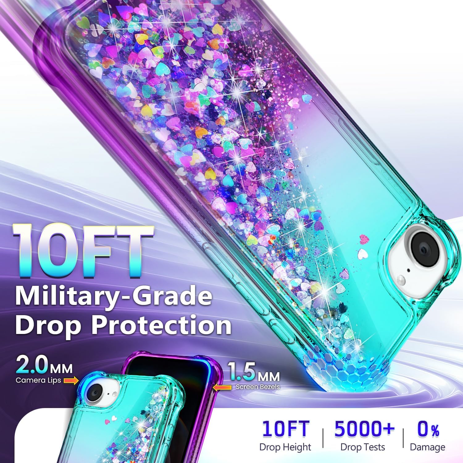 Thumbnail 4 de NGB Glitter Liquid Sparkle iPhone 16e/17e Case with Tempered Glass, Ring & Wrist Strap (Aqua/Purple)