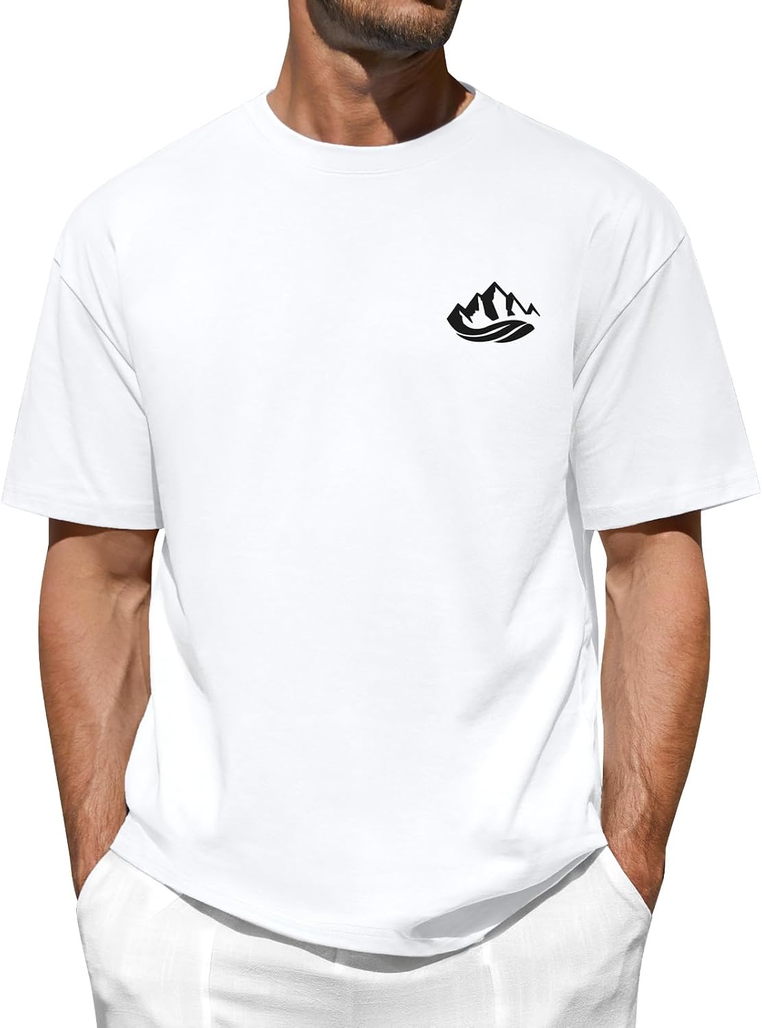 Detalle de Xnova Mountain Pattern Cotton T-Shirt – Men's Short Sleeve Crew Neck