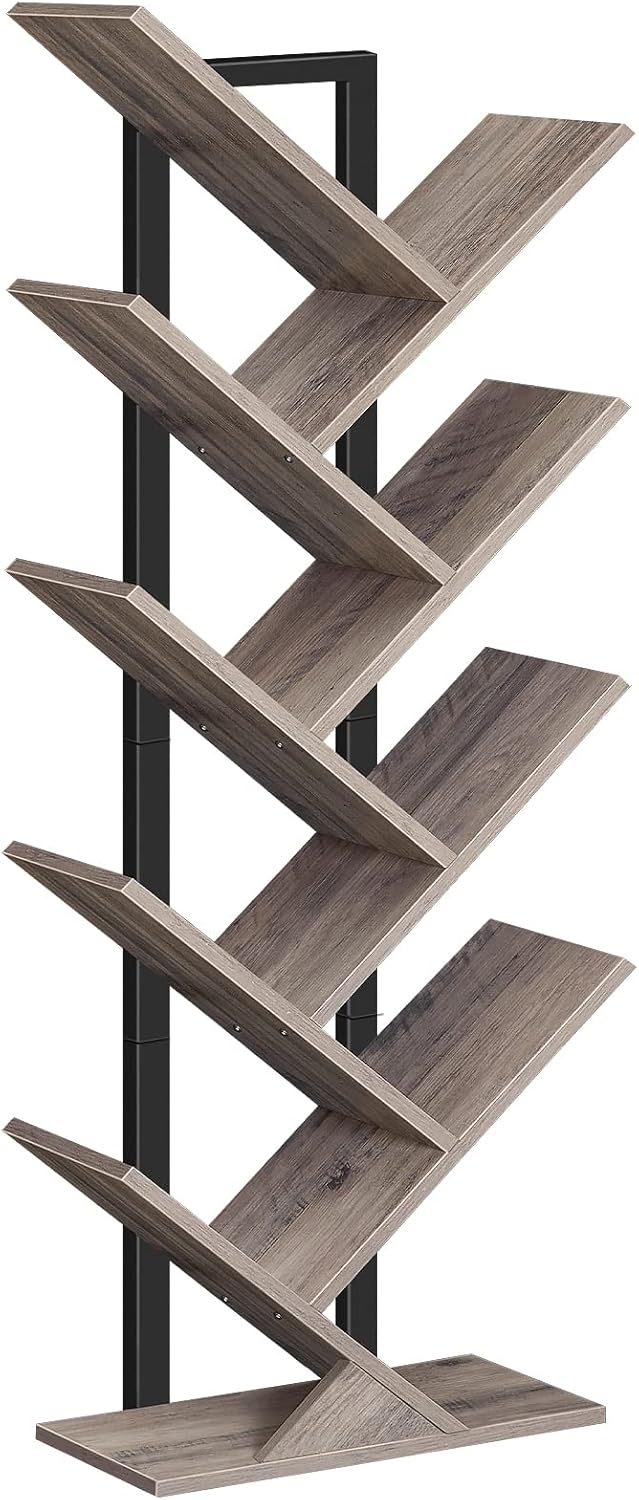 HOOBRO EBG08SJ01G1 Tall 9-Tier Tree Bookshelf (Greige & Black) for CDs, Albums and Books