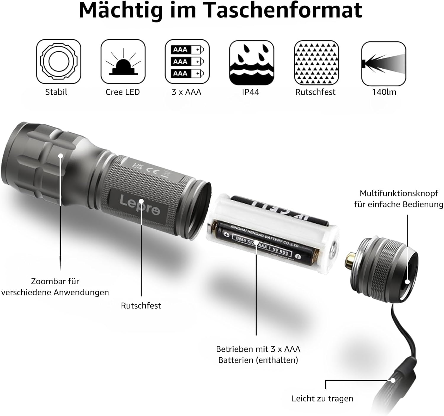 Detalle de Lighting EVER LED Taschenlampe Klein LE1000 – extrem hell, Zoom, IPX4, batteriebetrieben