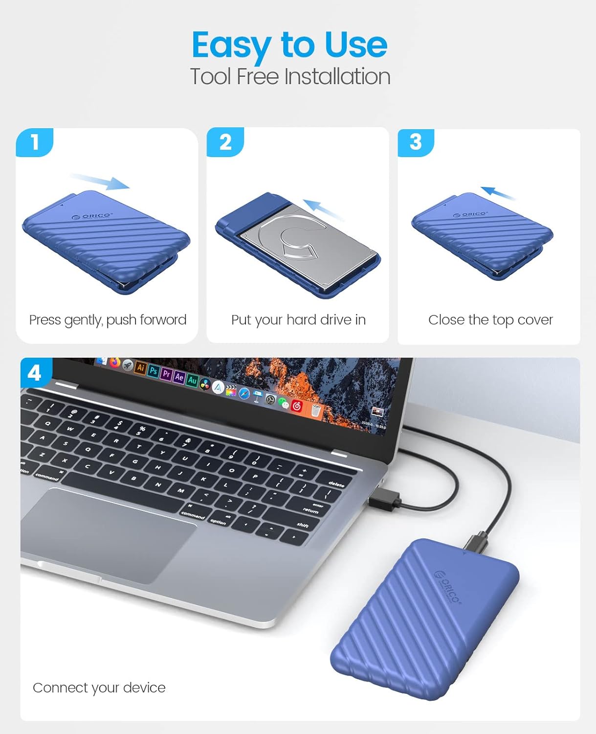 Thumbnail 4 de ORICO Boîtier disque dur 2,5" USB C 3.1 Gen 2 (Bleu, 25PW1-C) — SATA vers externe jusqu’à 6 Gbps, sans outils