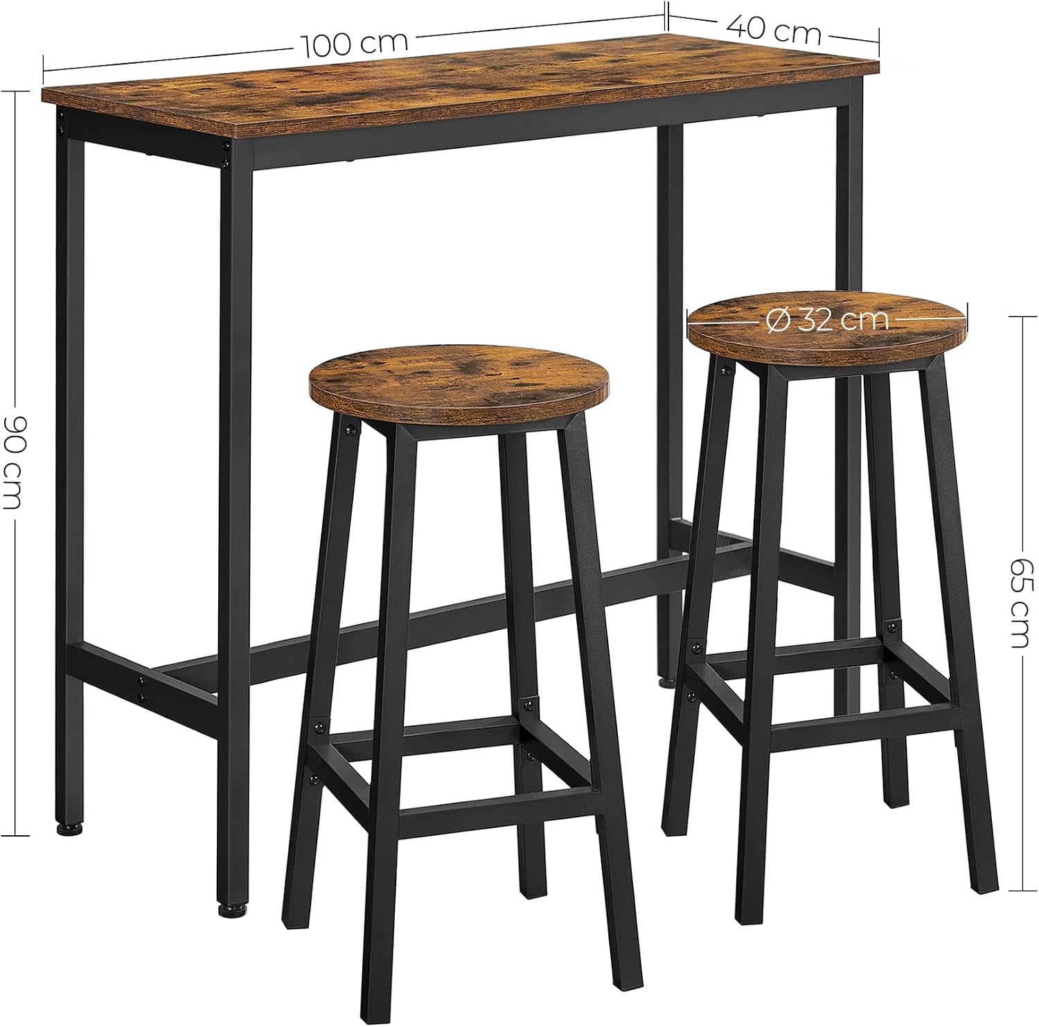 Thumbnail 5 de VASAGLE Dining Table Set: Bar Table with 2 Stools (100 x 40 cm) in Rustic Brown & Ink Black