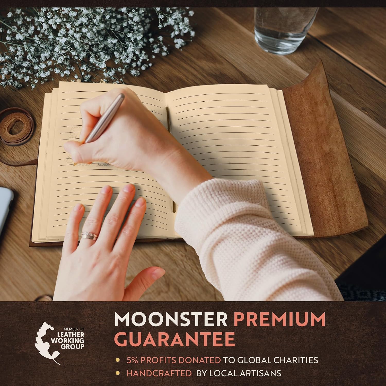 Thumbnail 6 de Moonster Vintage Leather Journal with Heart Cover – Refillable 8x6 Notebook