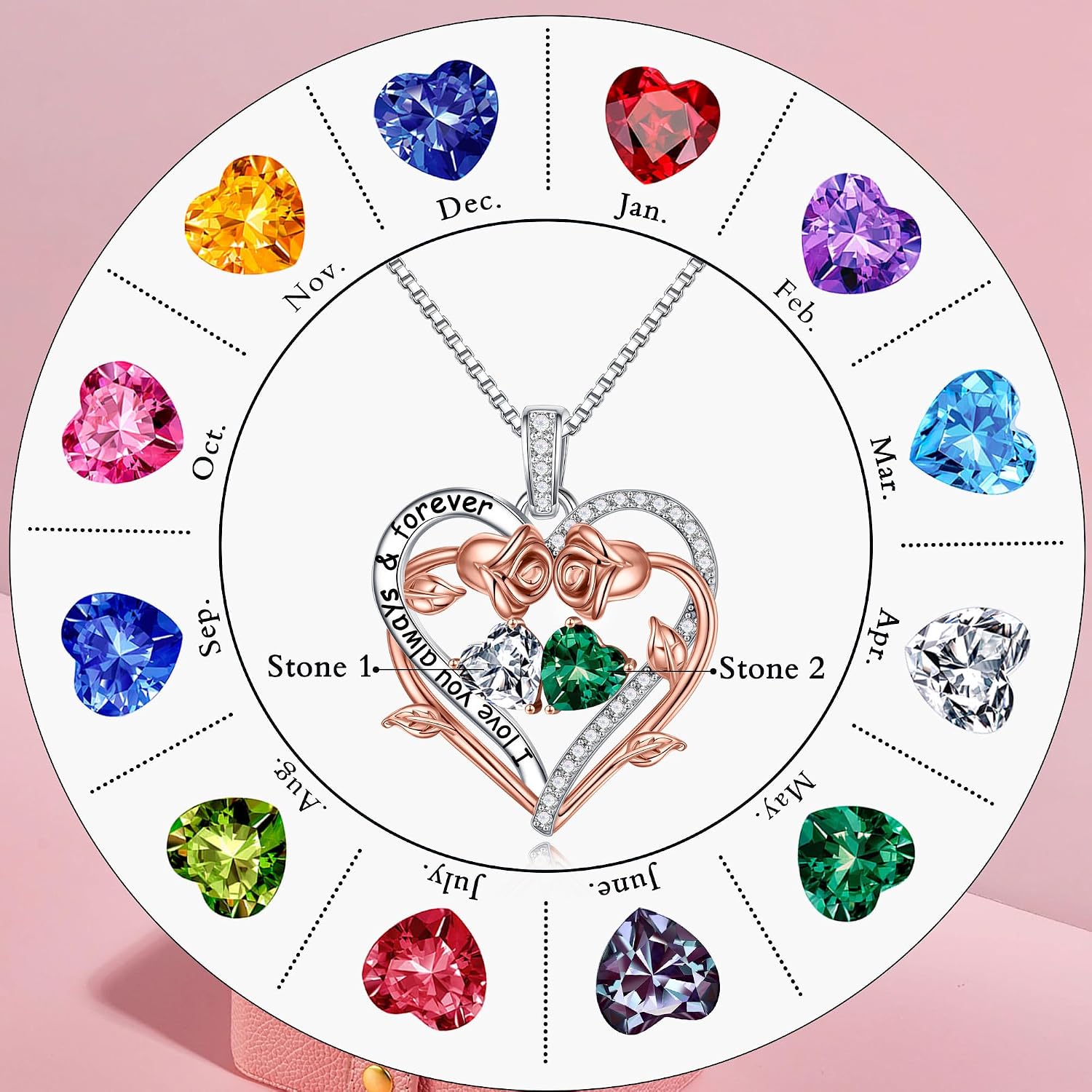 Thumbnail 5 de Iefil Rose Heart Double Birthstone Necklace for Wife – Birthstone Jewelry Gift for Women